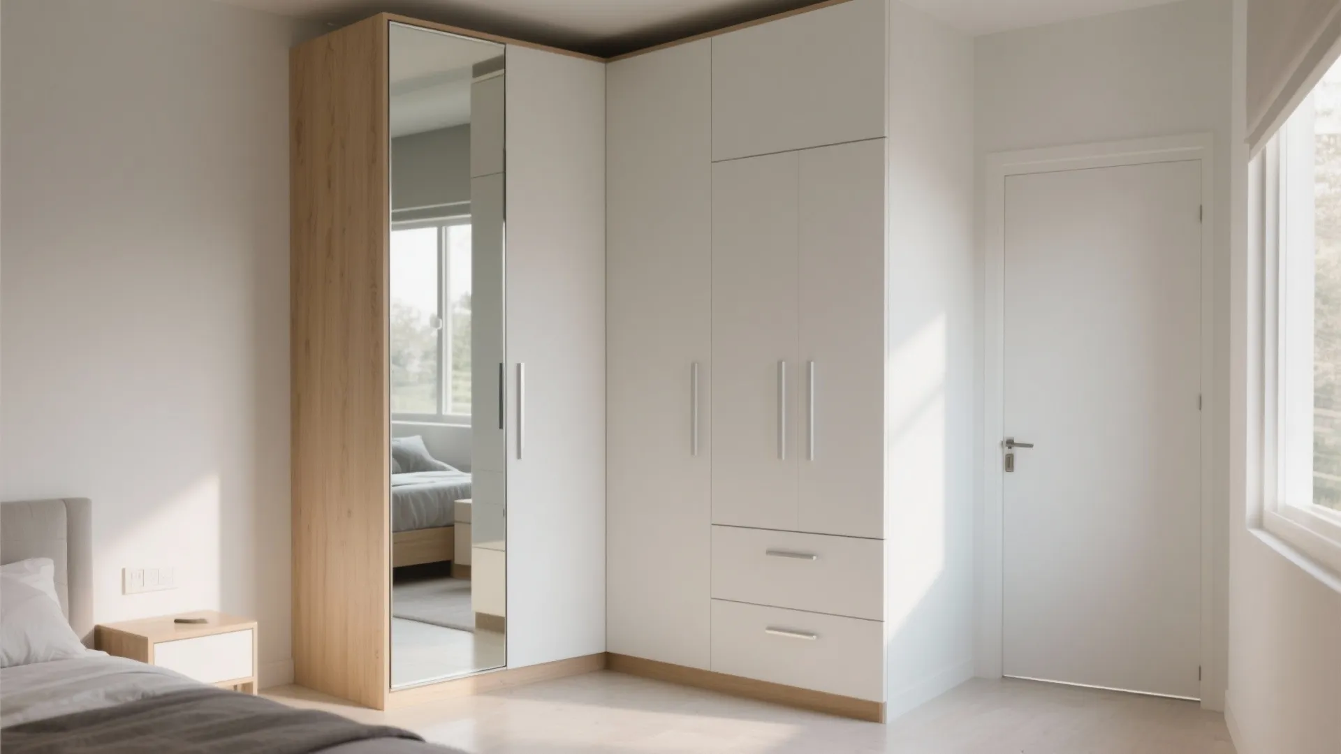 Modern white corner wardrobe with mirror door and wooden frame in a bright bedroom interior