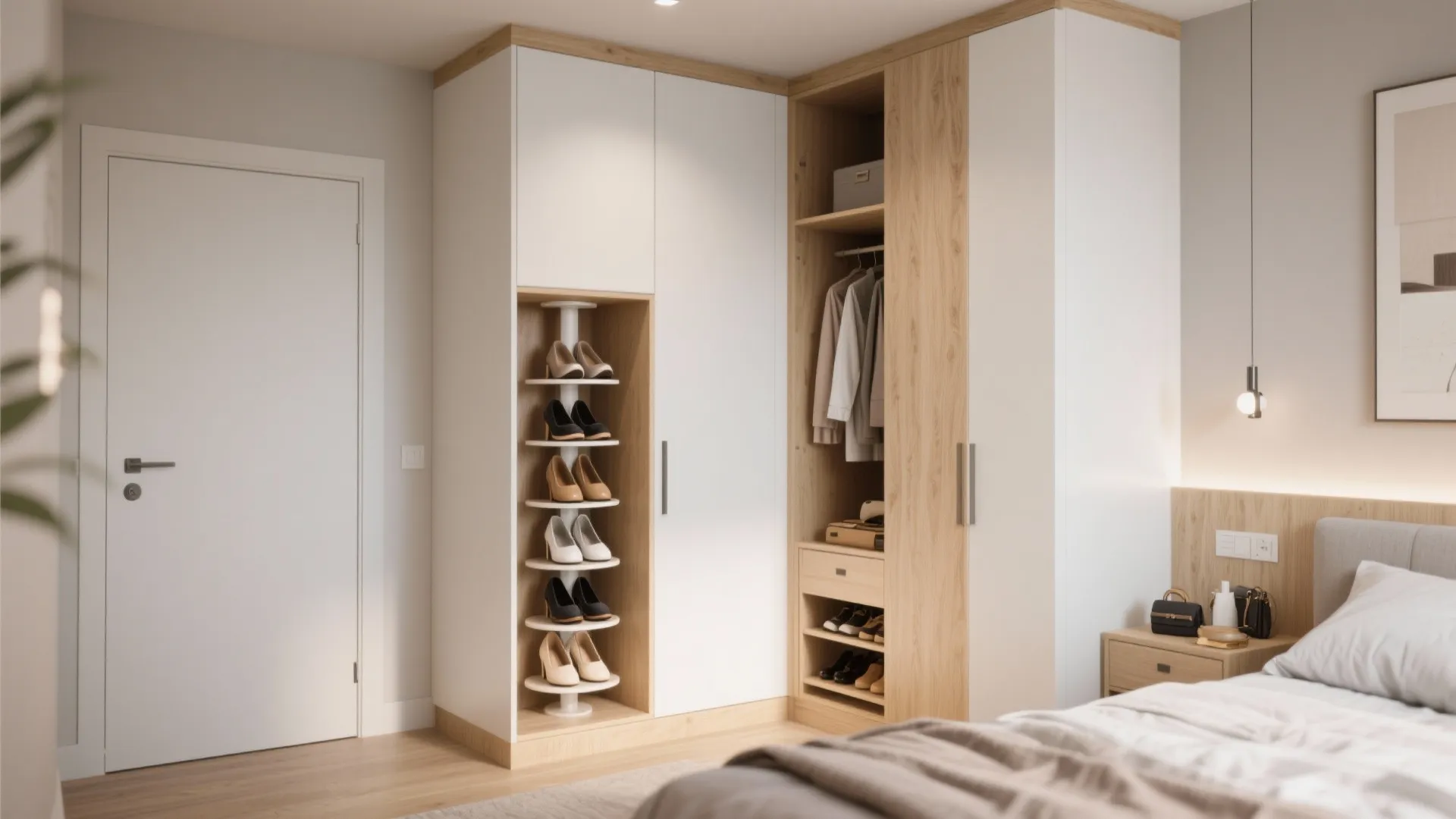 Built in white and wood corner cabinet with a rotating shoe rack and hanging clothes