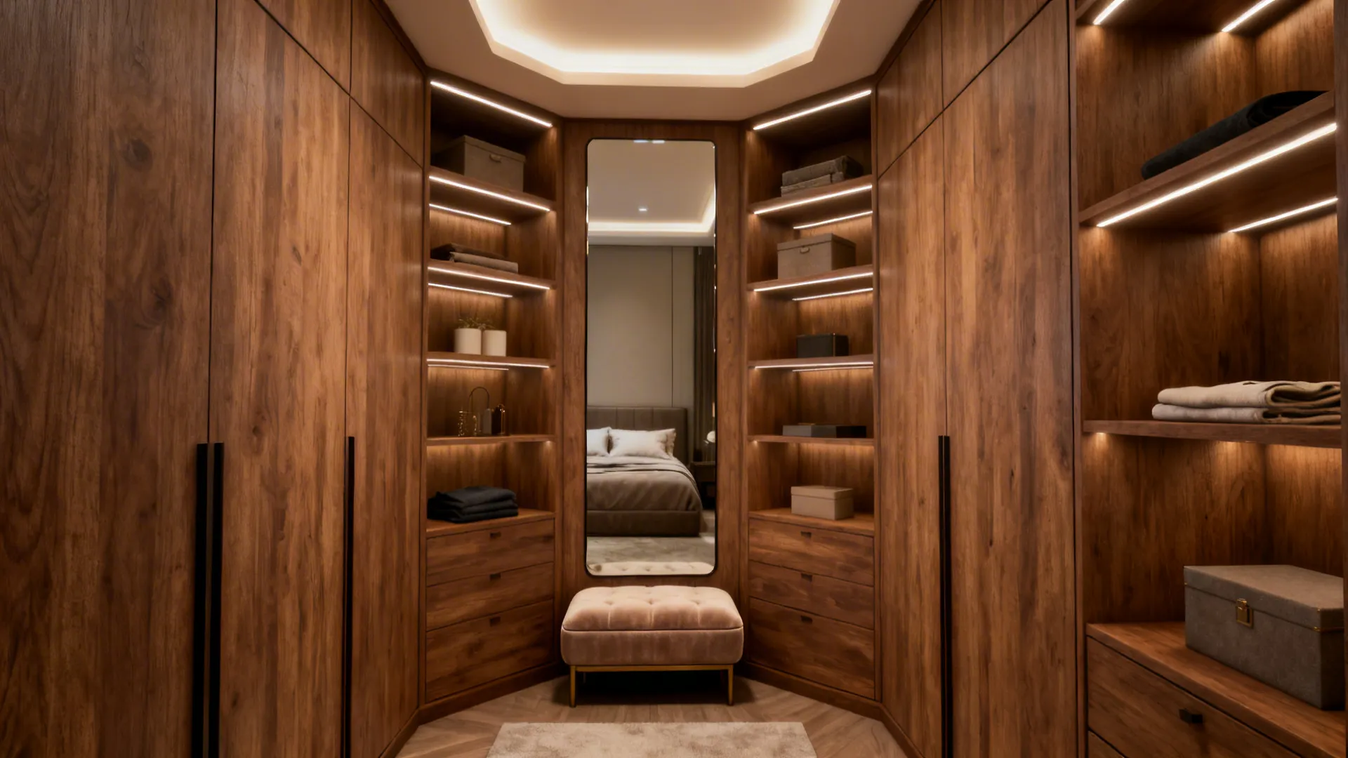 Custom corner wardrobe with a mirror hub and small bench maximizing corner space