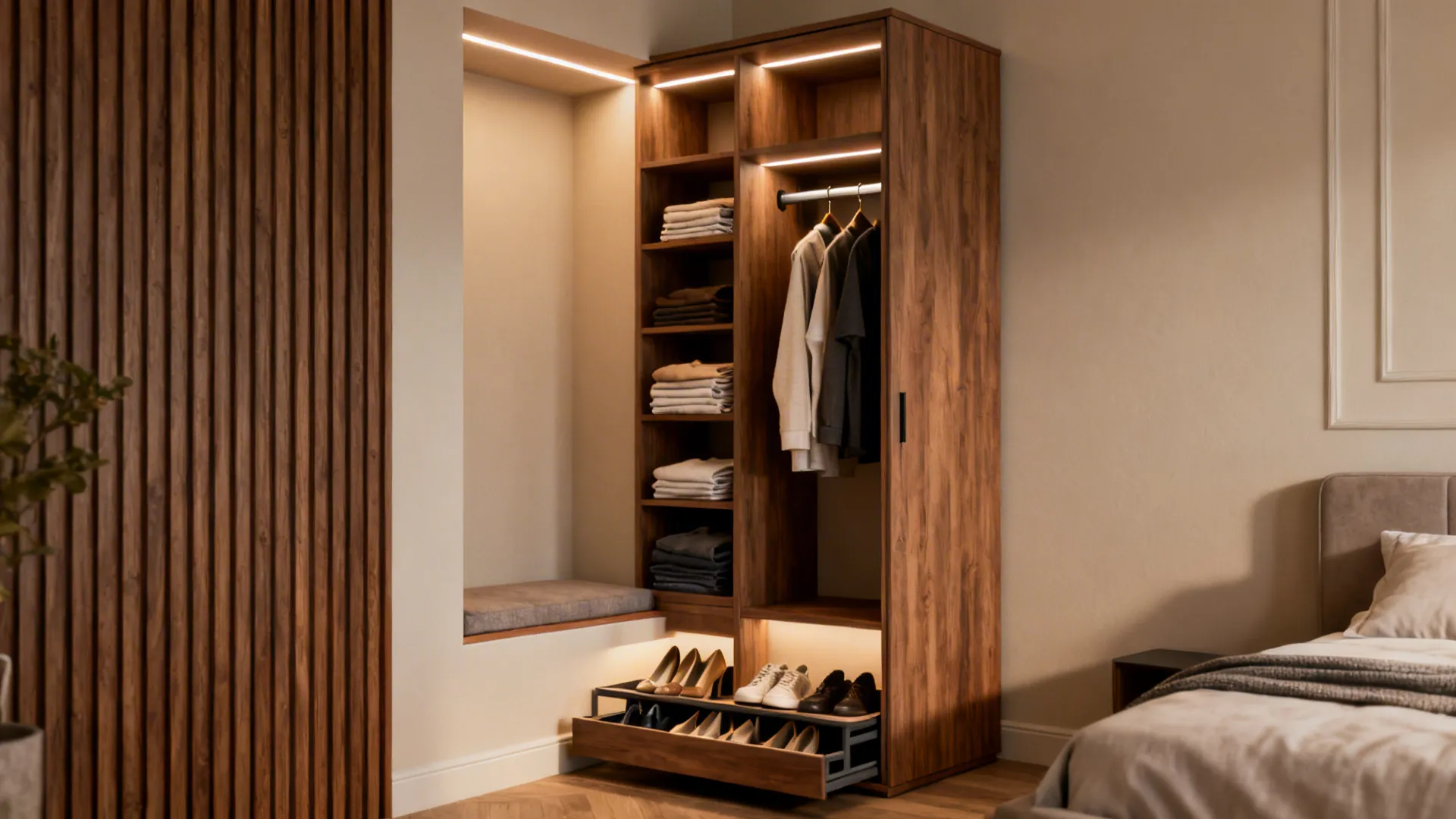 Wooden wardrobe with light strips next to seat nook and a pull out shoe drawer