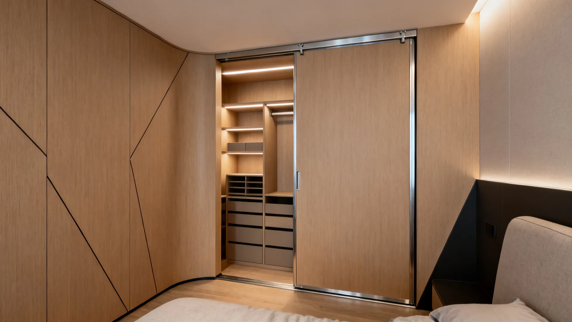 Modern wooden corner wardrobe with open sliding door showing inside shelves and warm built-in lighting