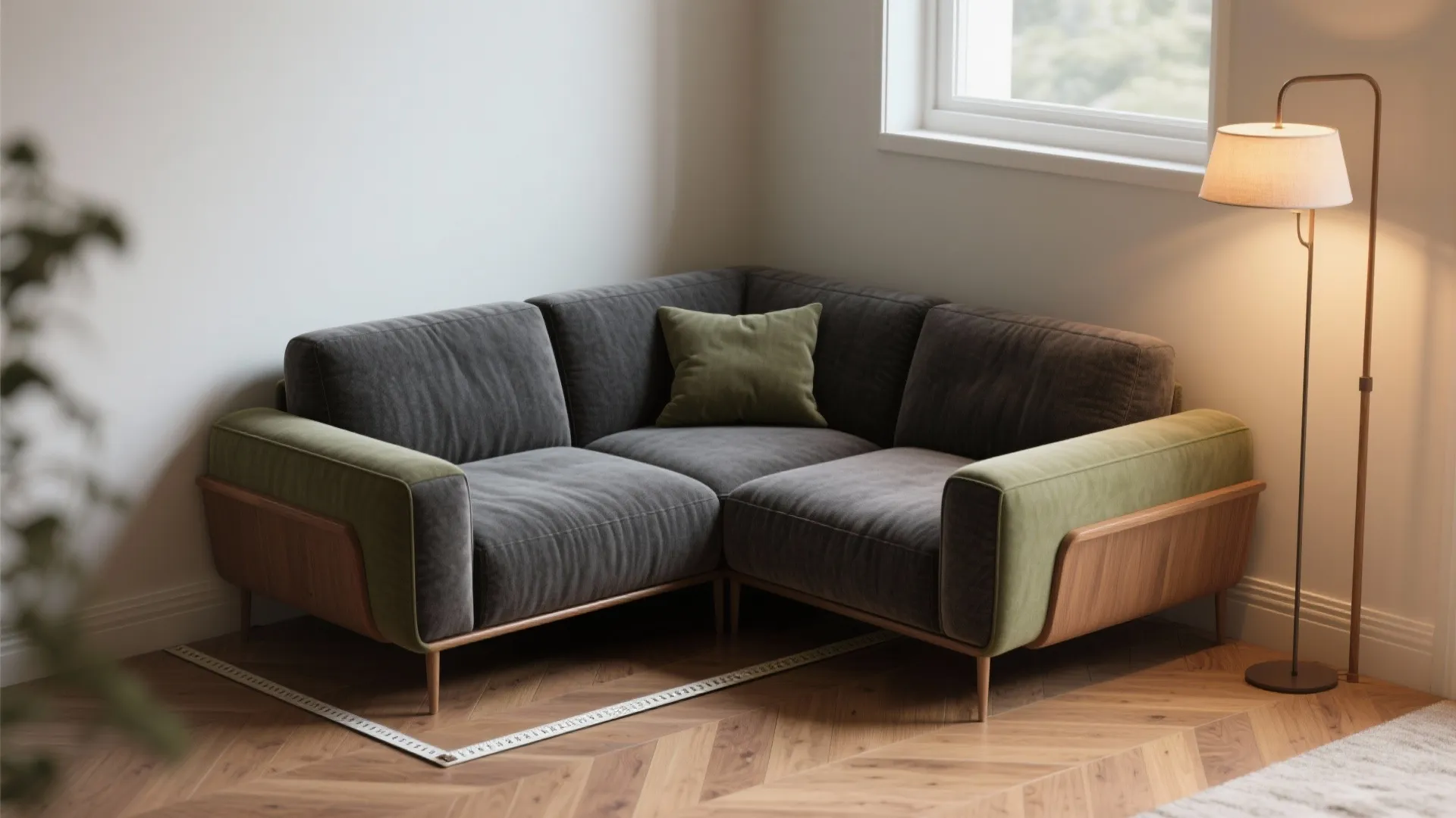 Corner wedge module creating a cozy seating nook in a narrow living room, showing precise fit and textures.