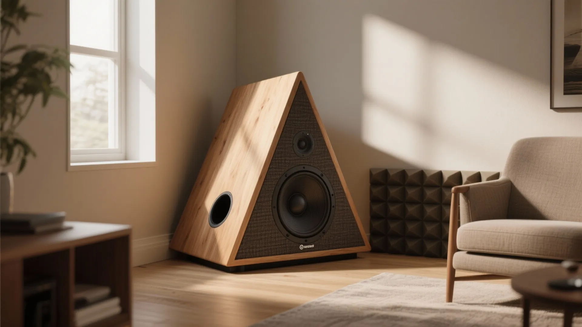 Triangular wedge speaker cabinet placed in a room corner with bass trap and listening chair.