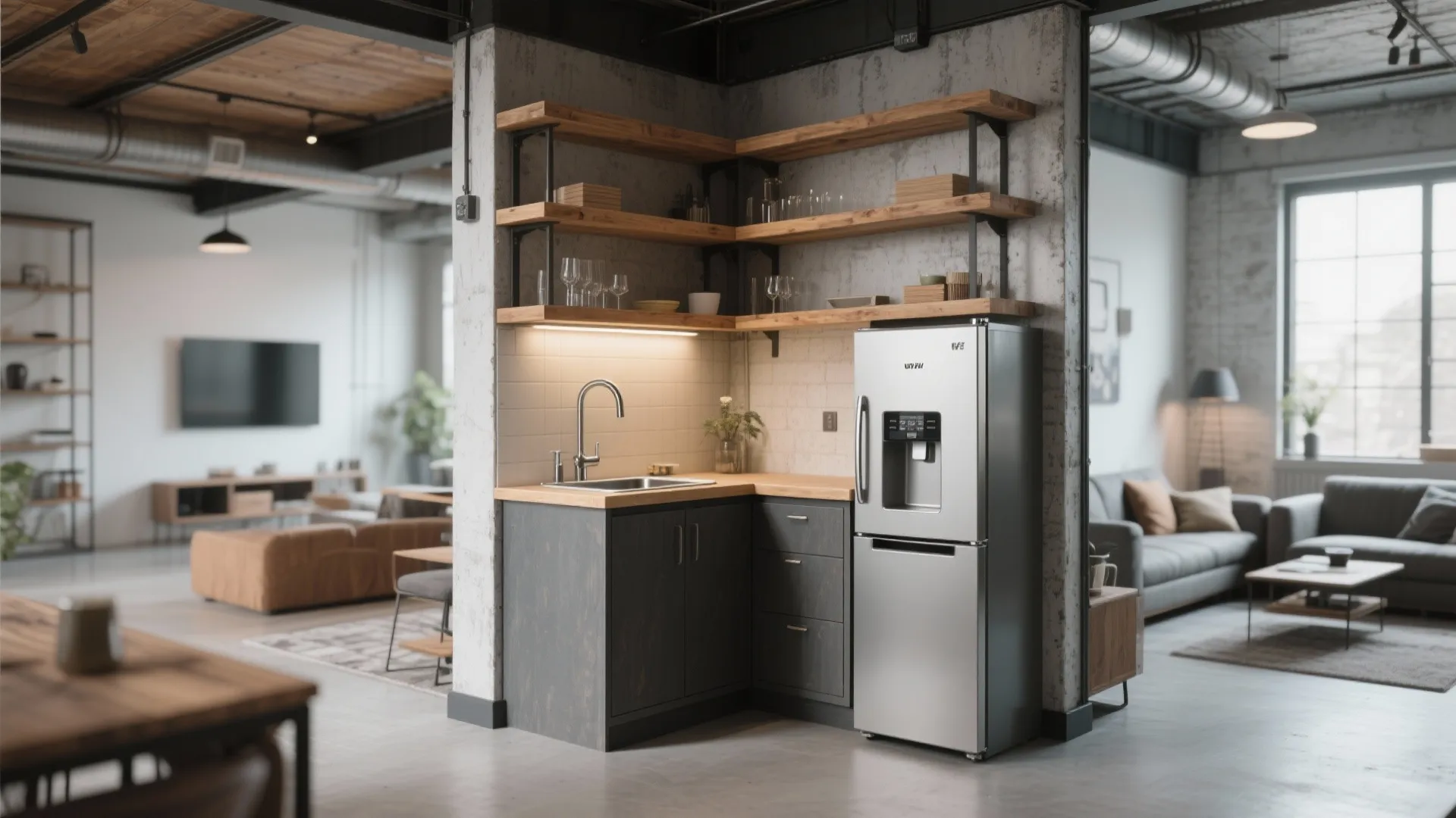 Compact wet bar in corner of loft living space with mini fridge