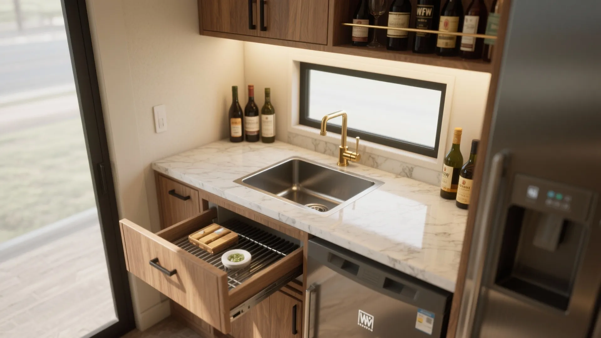 Small home bar area featuring a marble countertop with sink and wooden cabinets with drawer