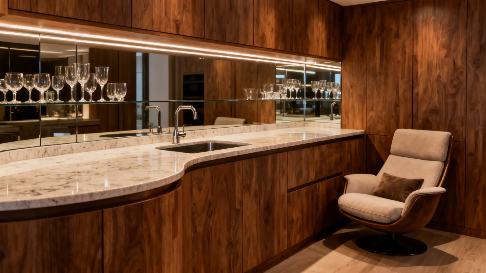 Corner wet bar with curved counter, mirrored backsplash and under-cabinet lighting