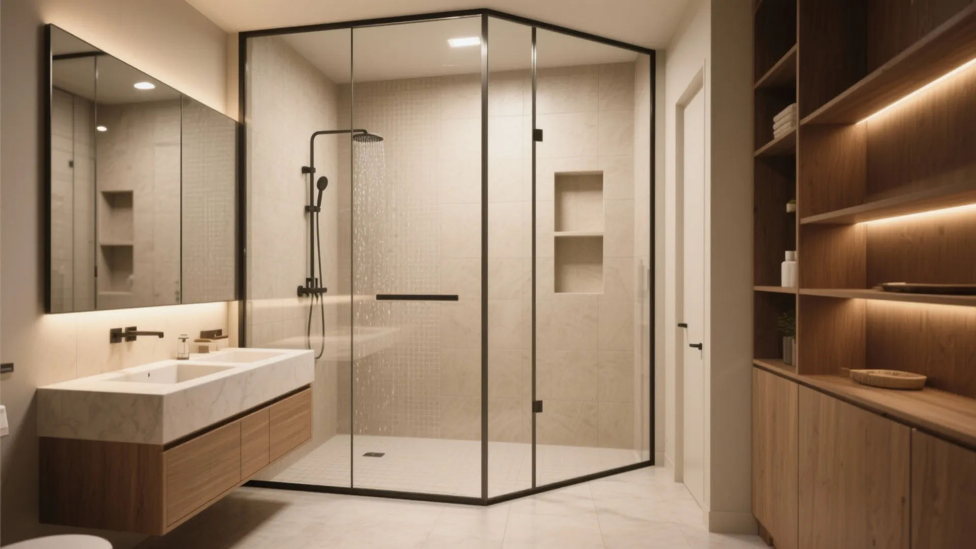 Bathroom interior featuring corner glass shower marble sink vanity wooden wall shelves and warm lighting