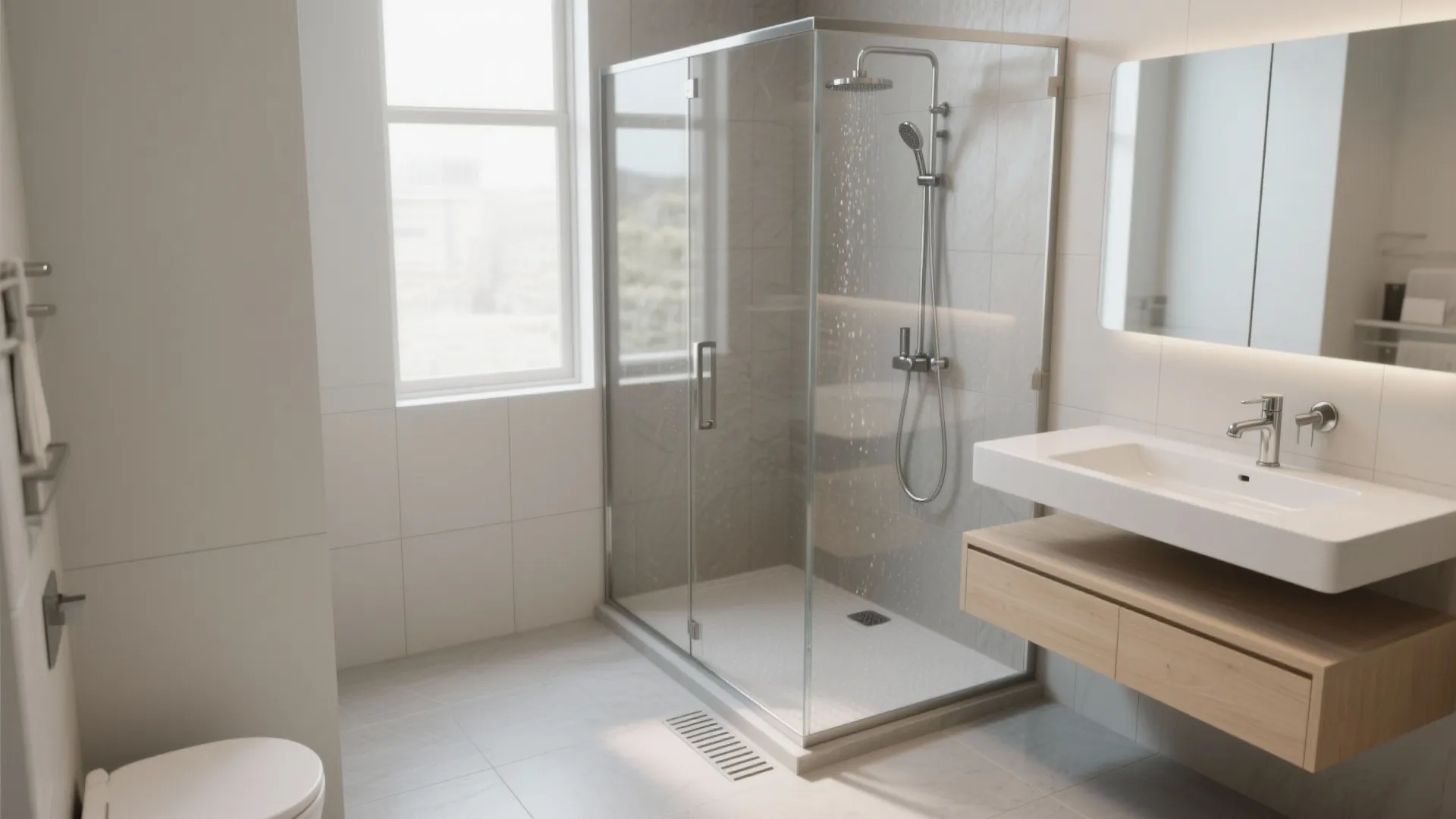 Corner wet-room with floating vanity