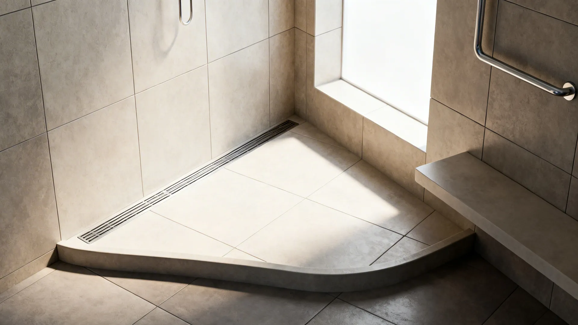 Level-access corner wet room with a wall-aligned linear drain and large-format tiles.