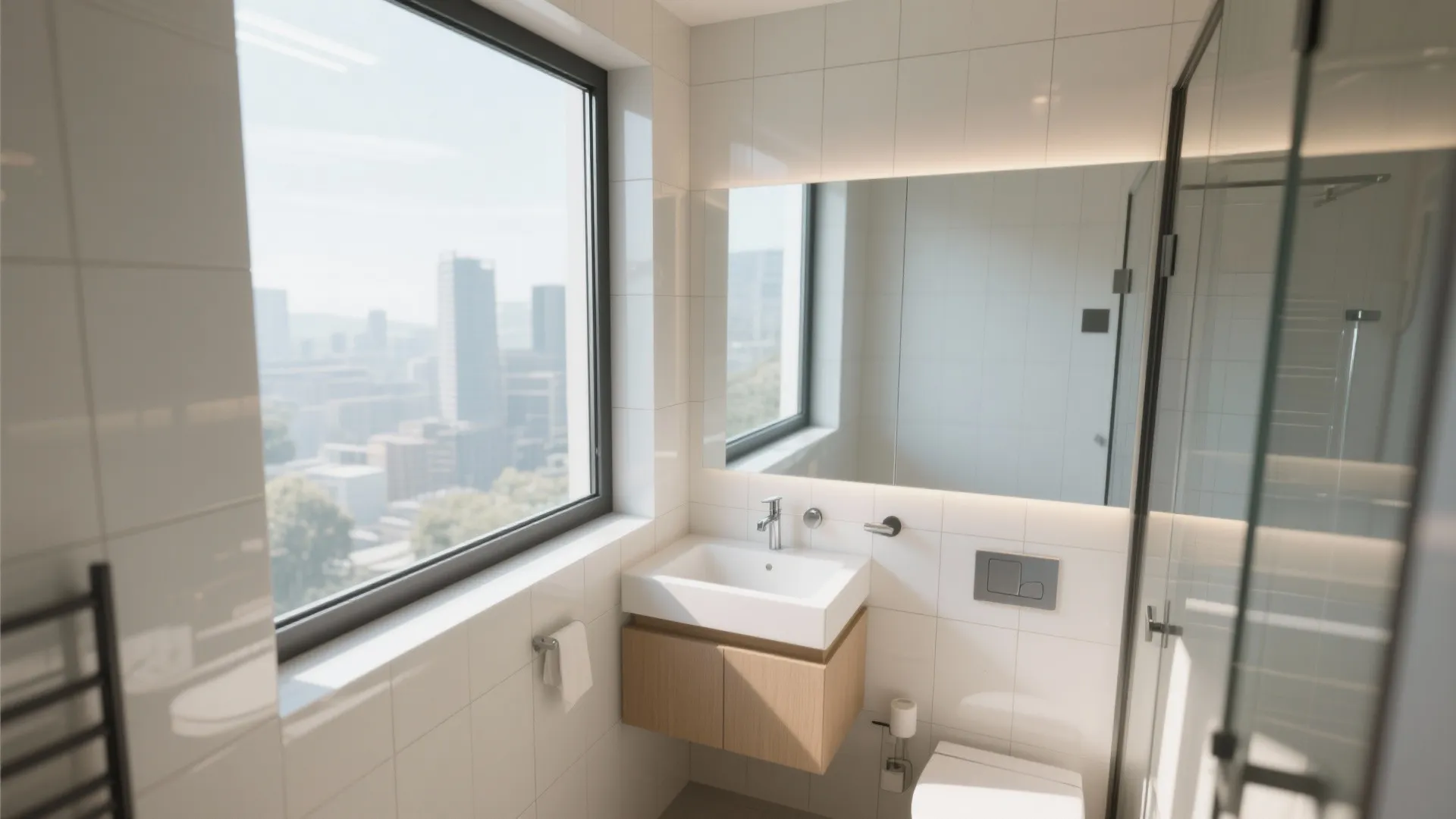 Bright bathroom with large corner window showing city view white sink wood cabinet and large mirror