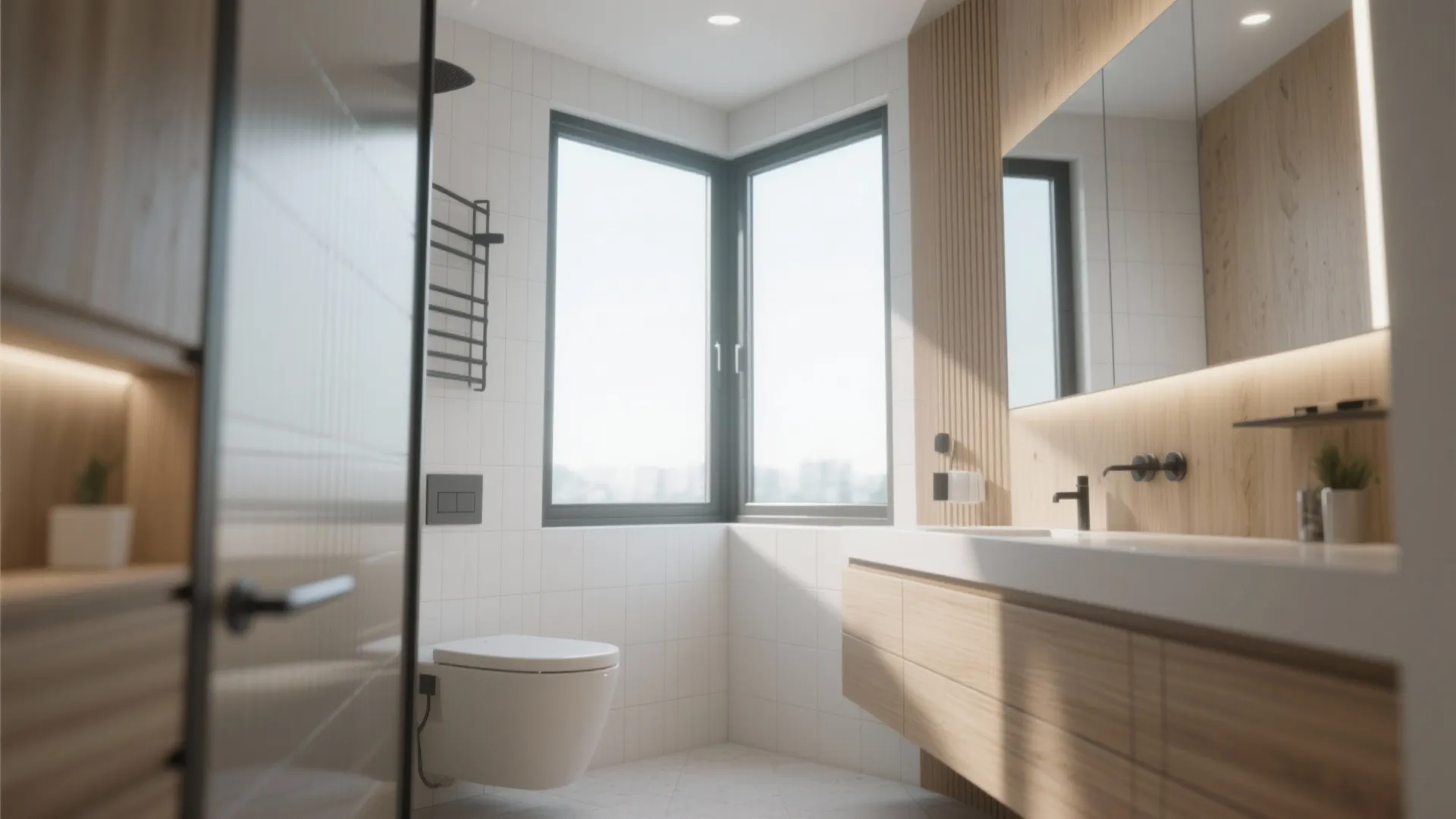 Modern bathroom with white wall tiles wooden cabinet white sink toilet and large corner black windows