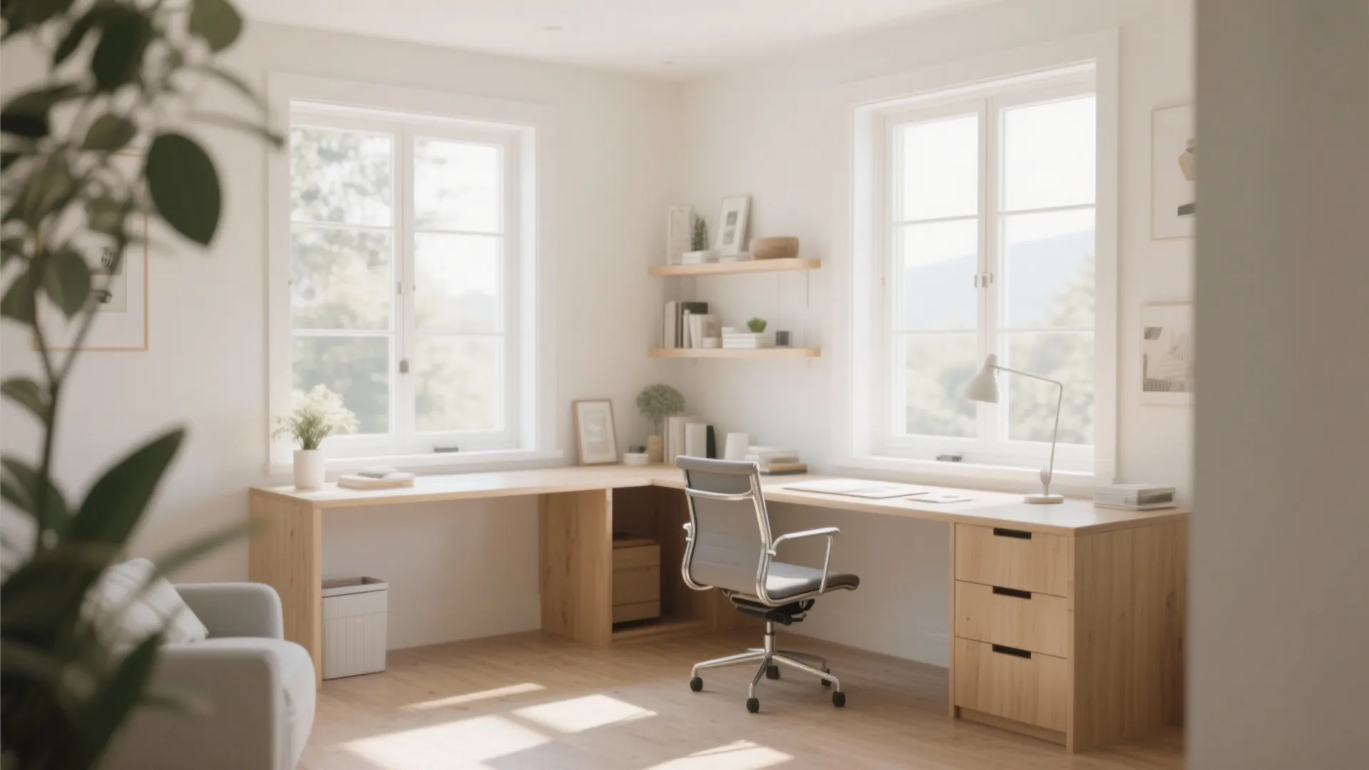 L-shaped desk positioned by two bright windows with minimal decor