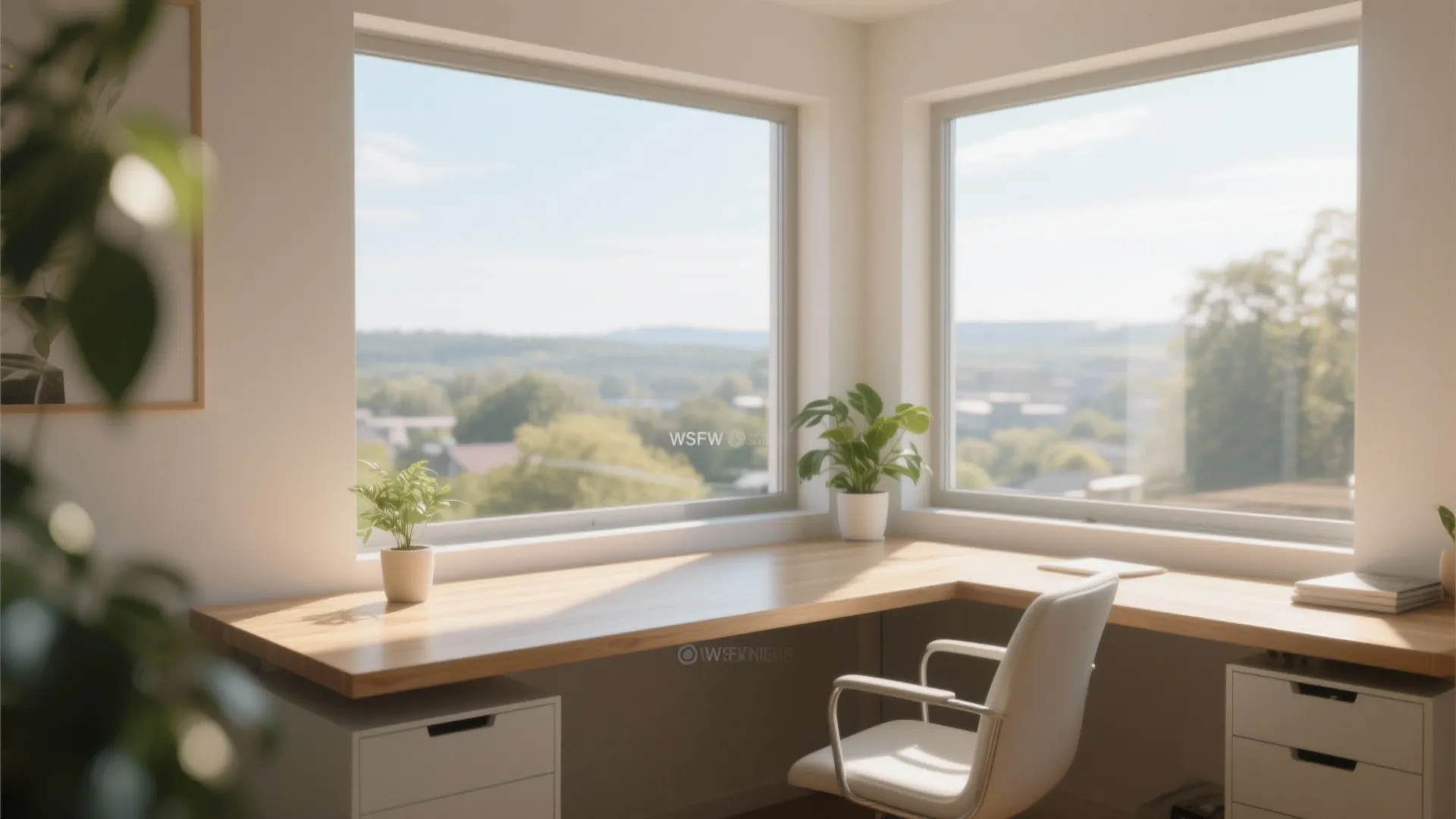 Modern wooden corner desk by large windows with white chair green plants and natural sunlight