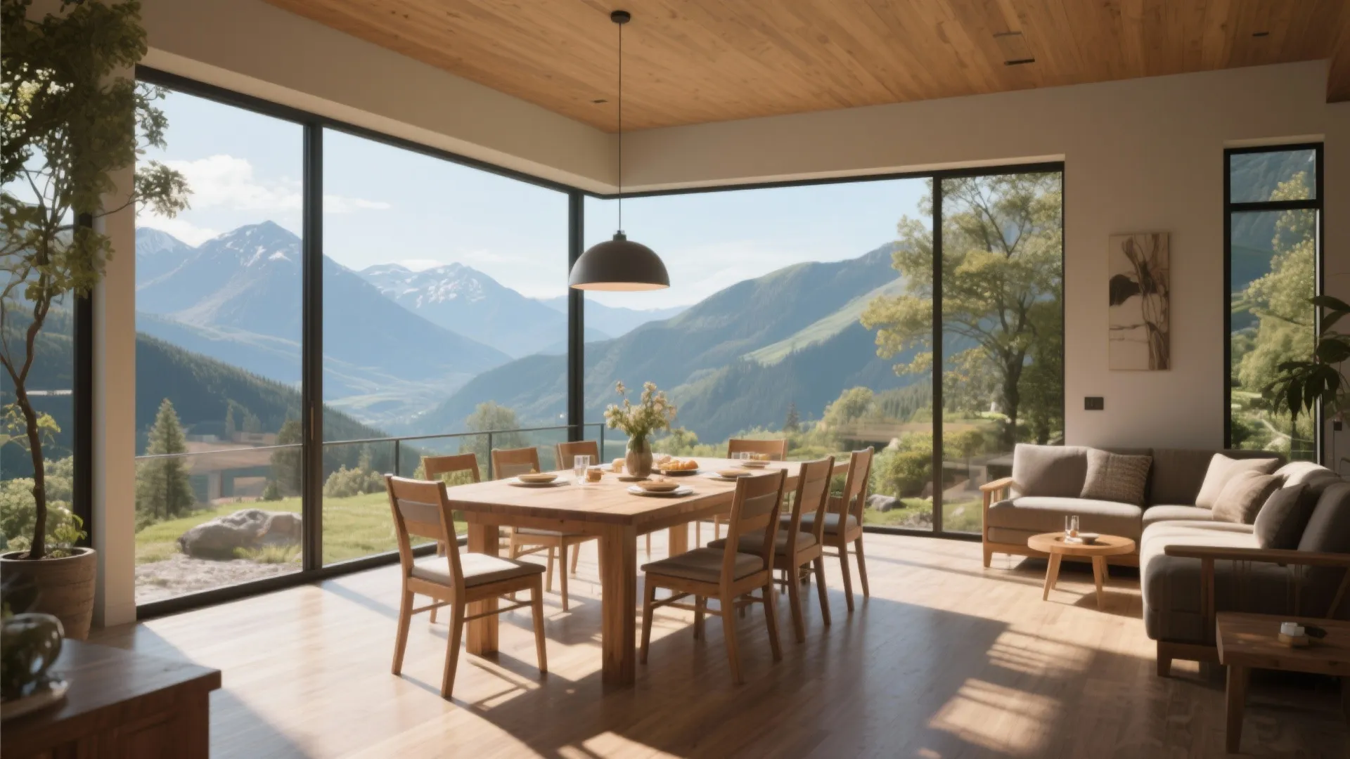 Dining space with wraparound corner windows overlooking mountains