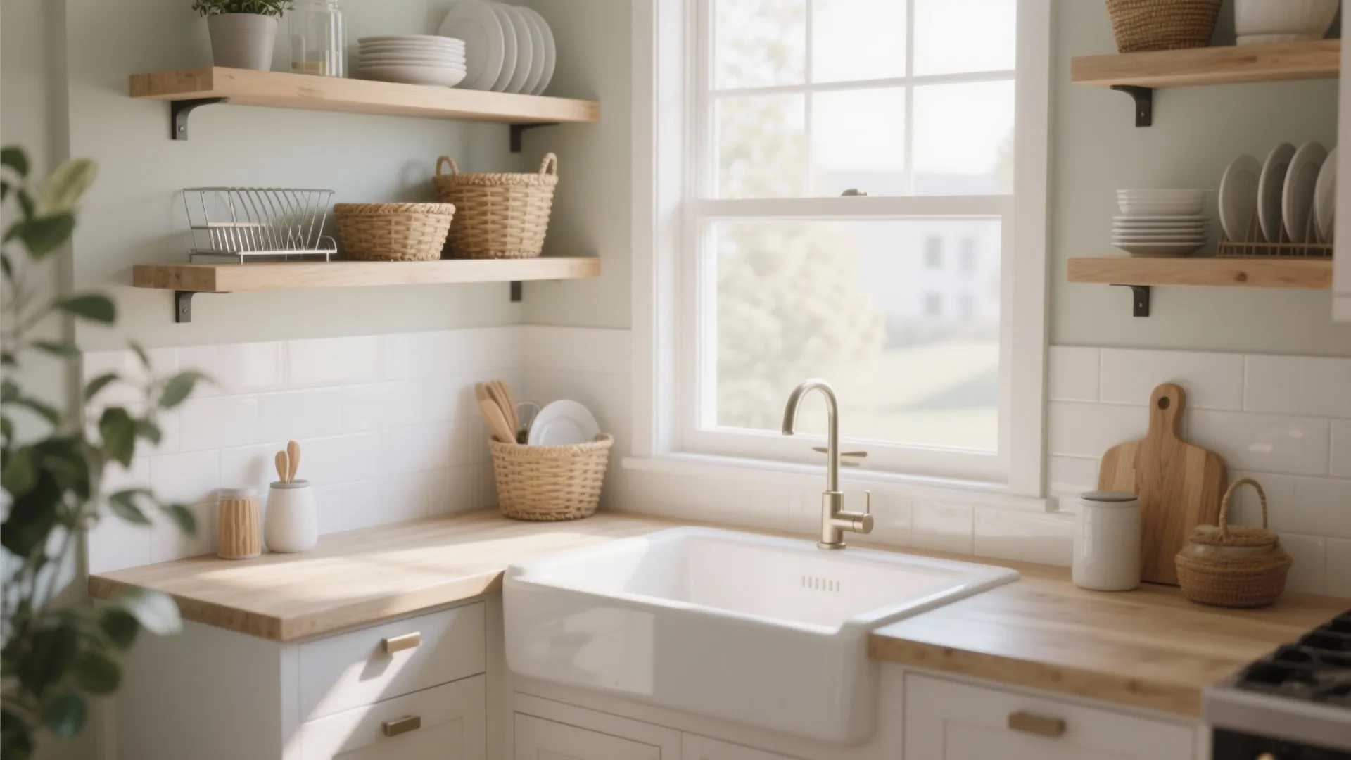 Corner sink under a window with floating shelves and baskets creating a bright, airy kitchen corner.