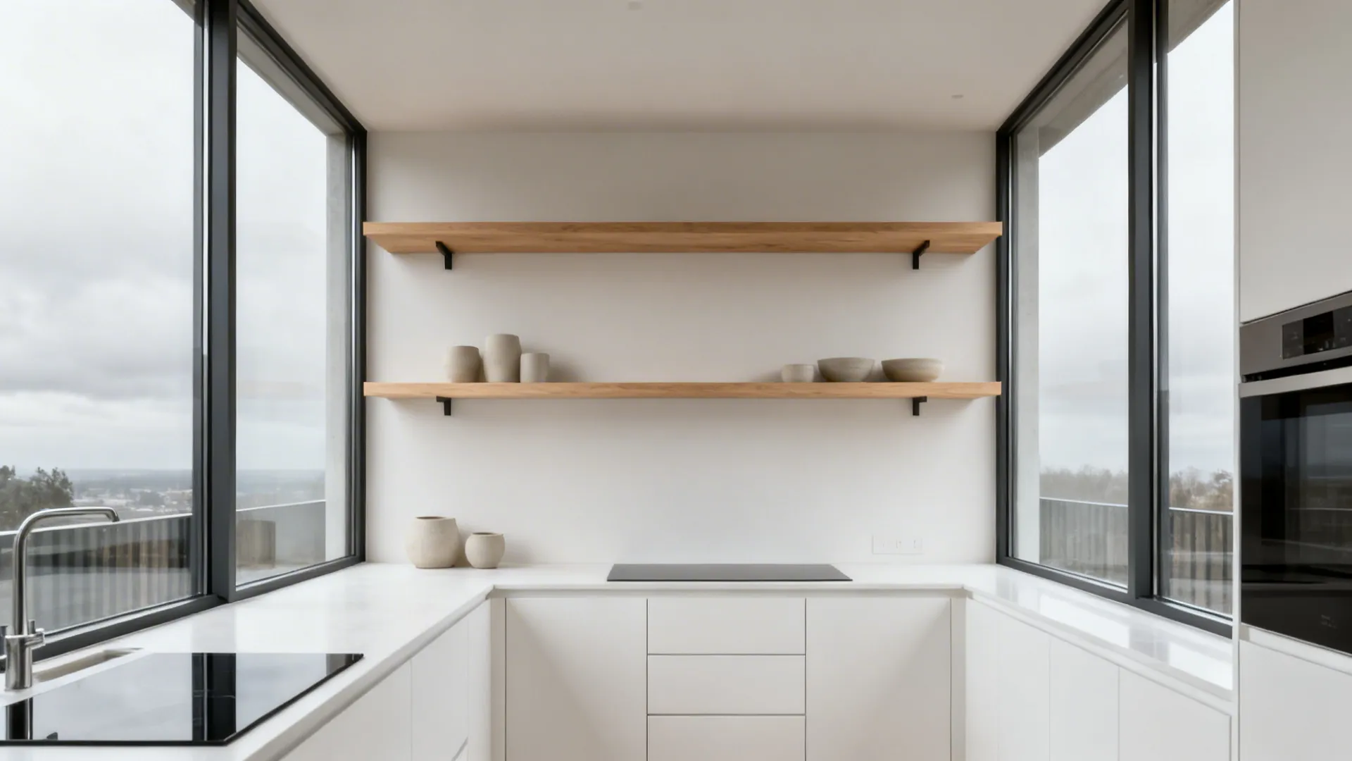 Corner kitchen with glazing on two walls and slim floating wood shelves in a calm, minimalist style.