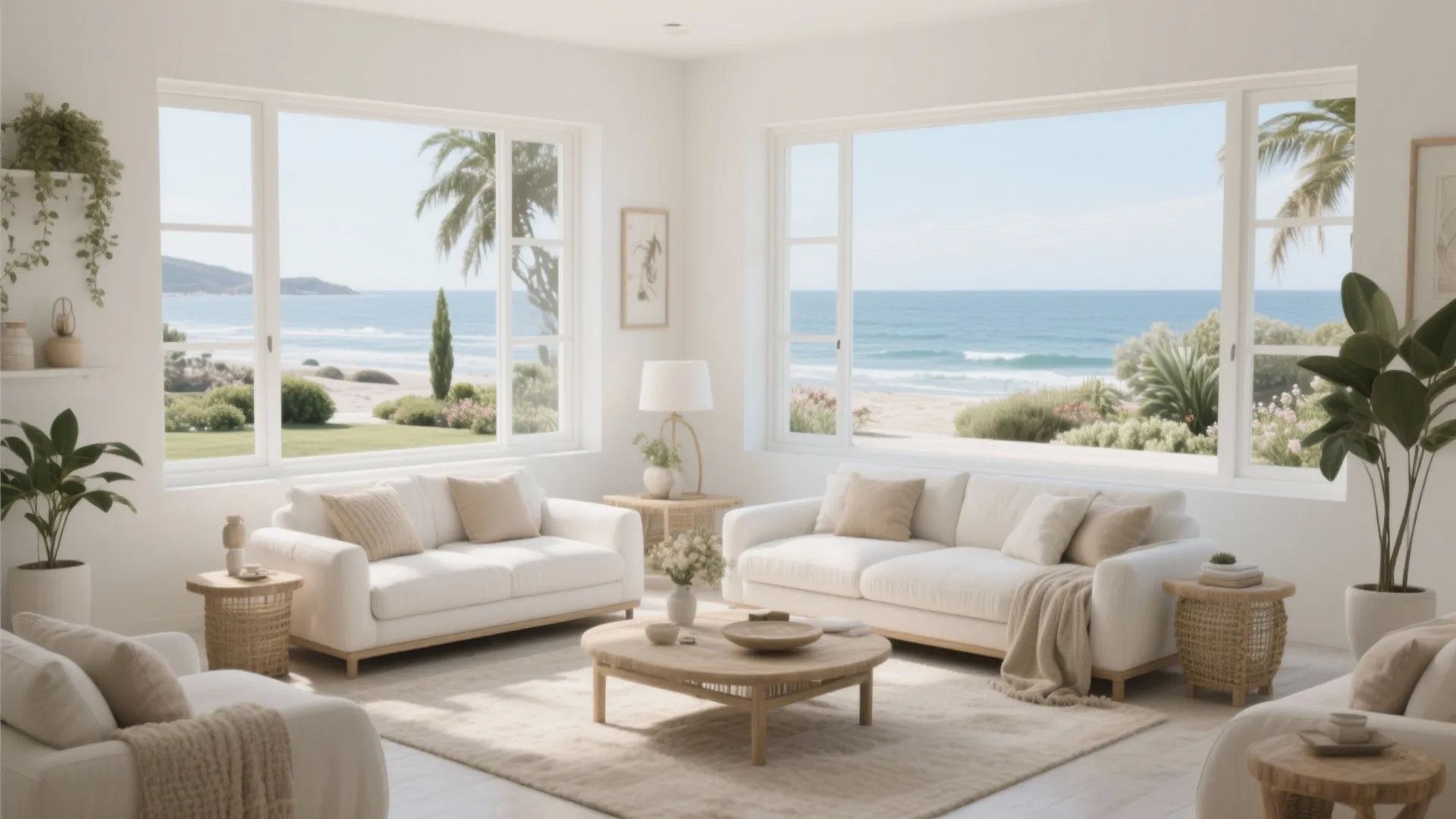 Coastal living room with large corner windows offering panoramic views