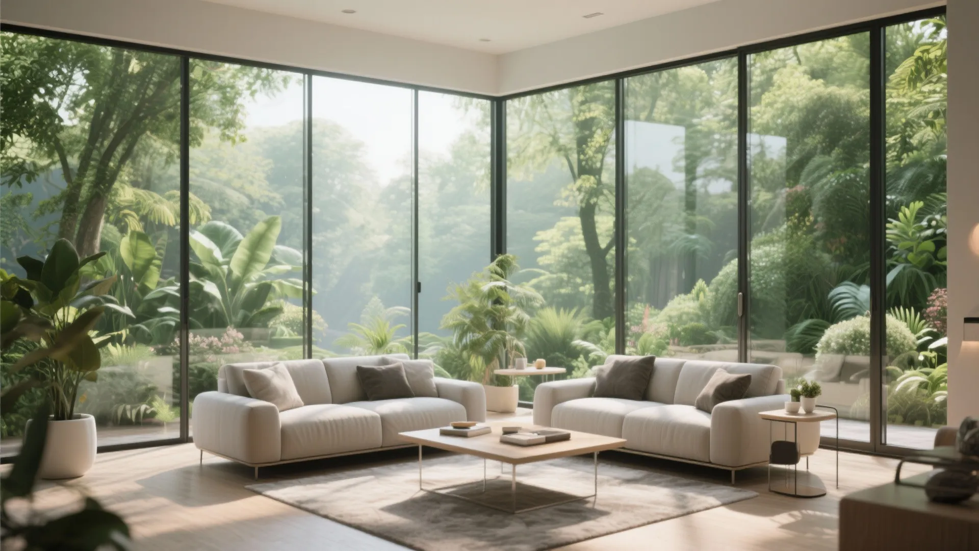 Modern living room with large glass windows green garden view two white sofas and wooden table