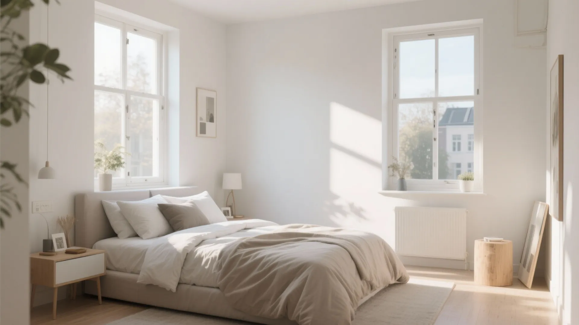 Bright minimalist bedroom featuring white walls two large windows a comfortable bed and light wood furniture