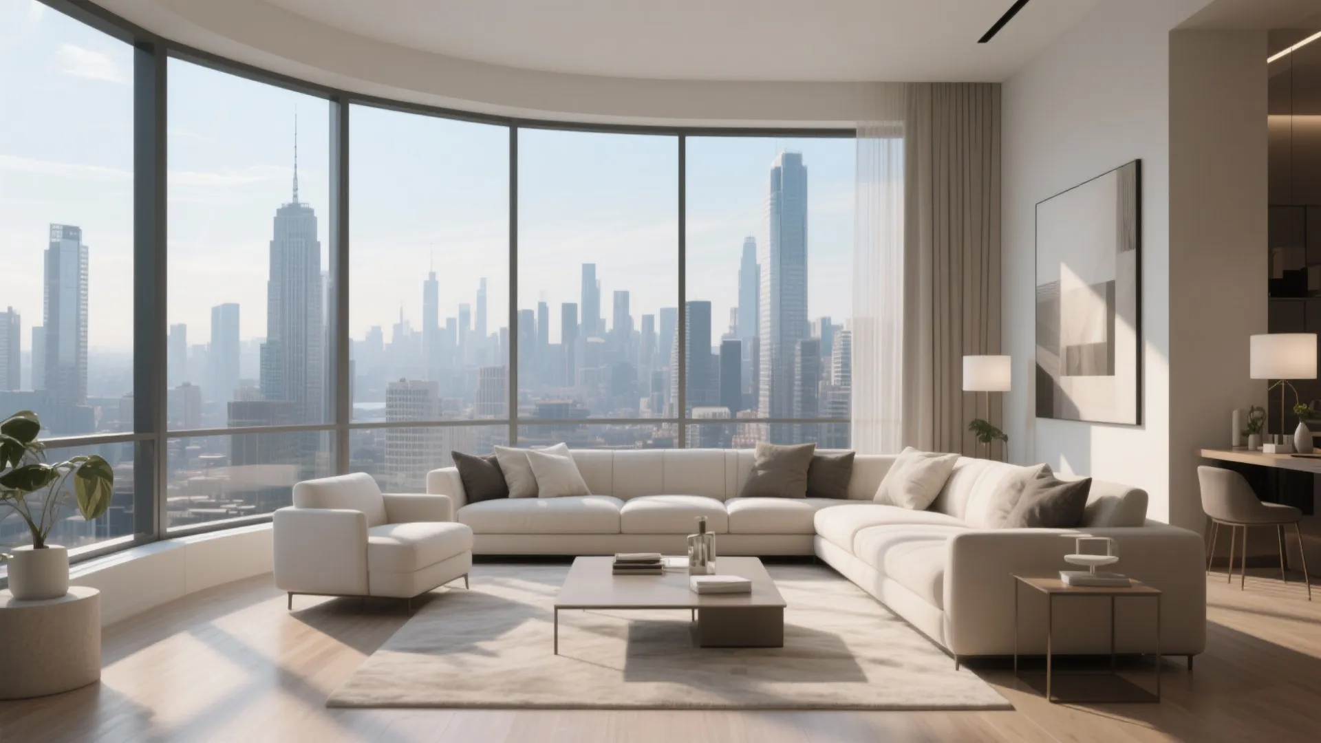 Luxury apartment living room with curved windows showing a city skyline white sofa and rug
