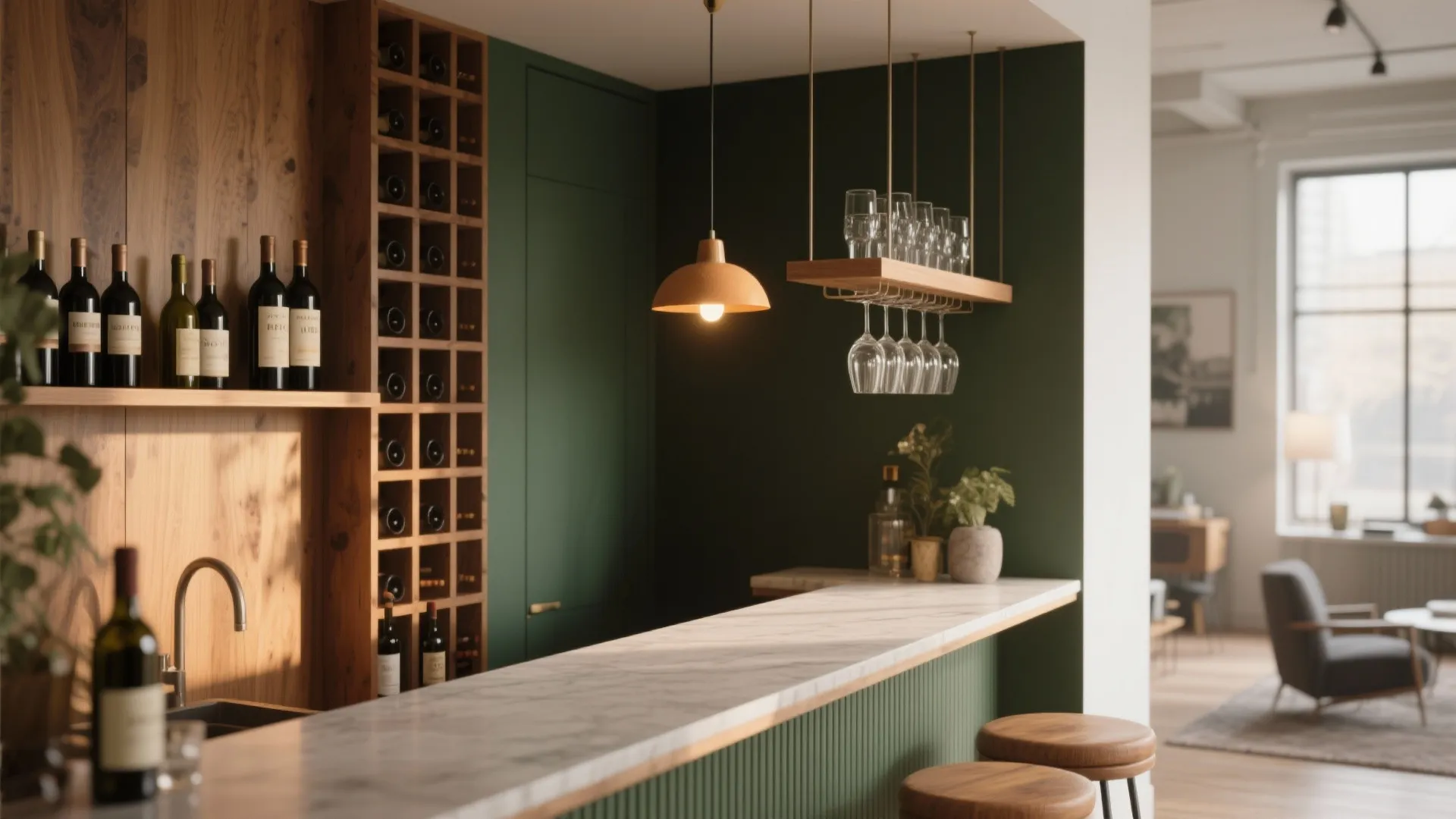 Corner nook with built-in wine rack