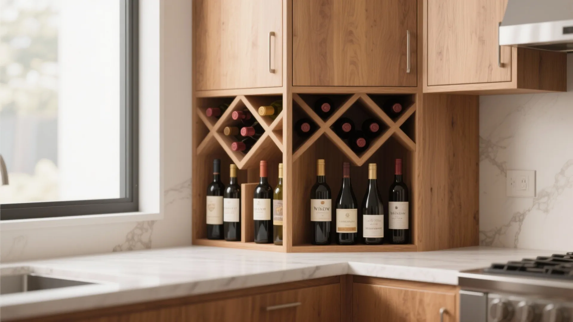 Wooden corner wine rack filled with bottles on a white marble kitchen counter near window