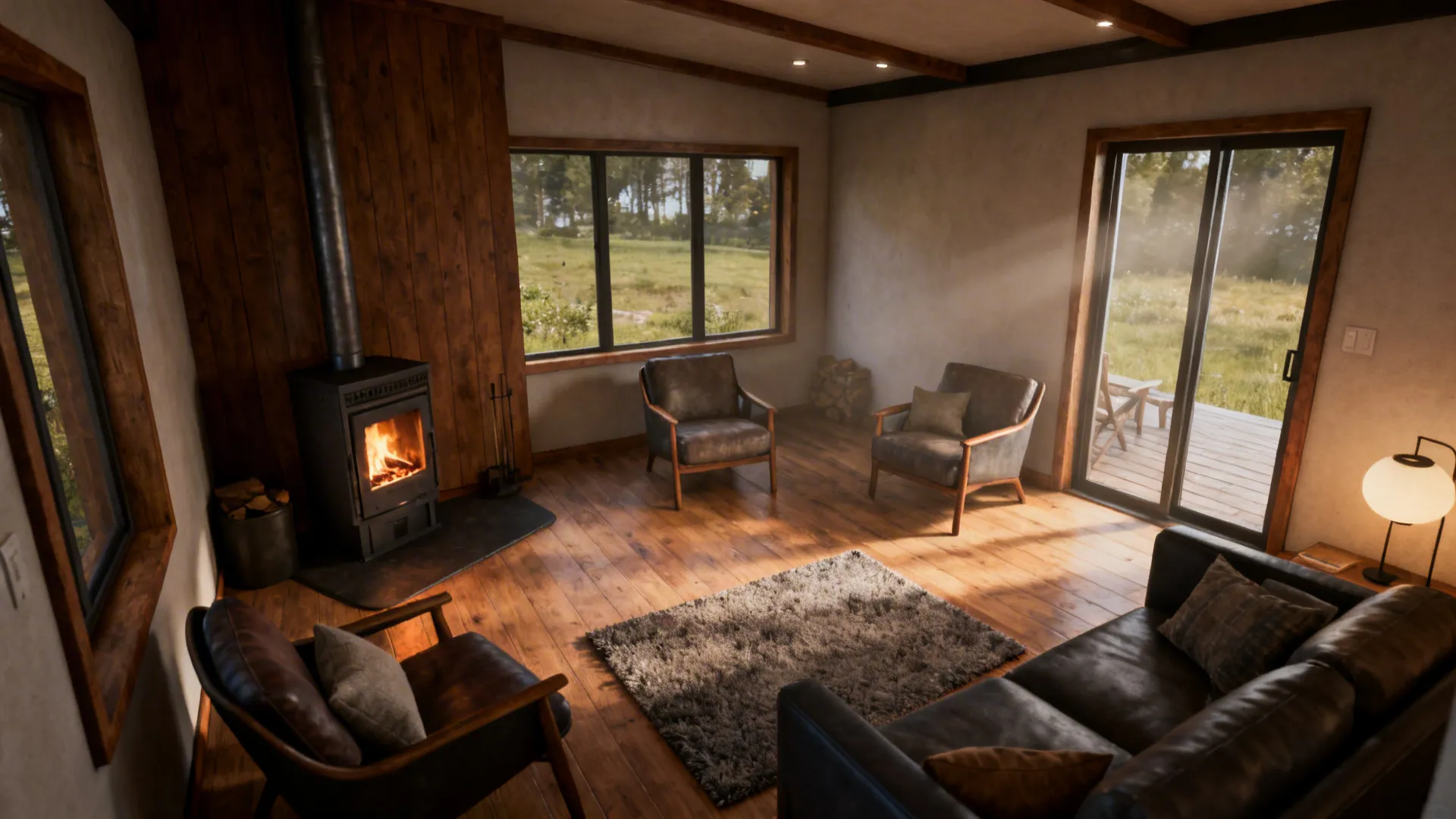 Cozy living room showing a wood burner placed in the corner with seating arranged to maximize layout.