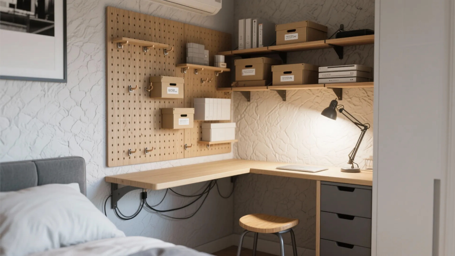Corner wooden desk with pegboard wall organizer shelves and black desk lamp in small bedroom