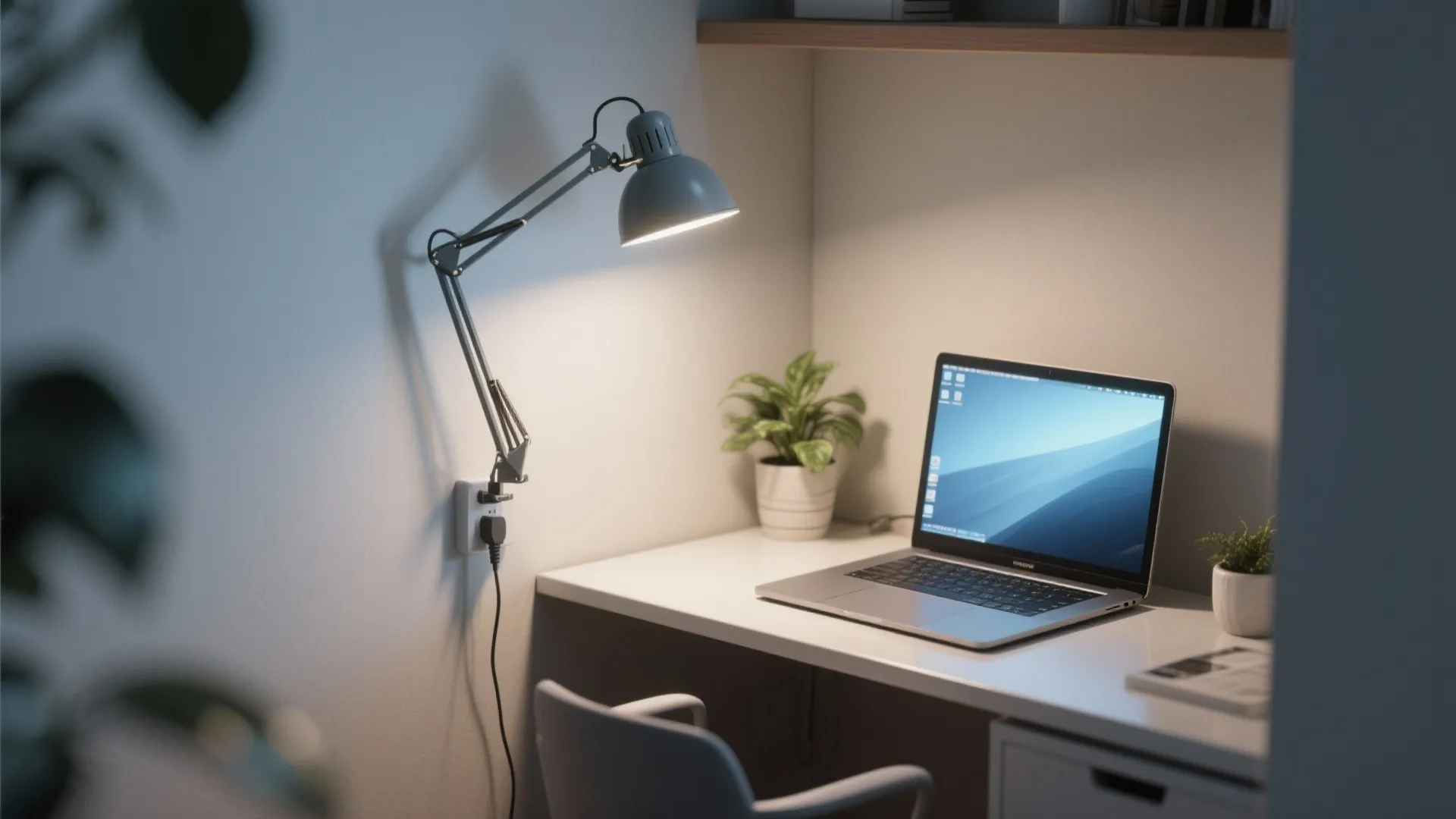 Small corner work nook with a plug-in swing-arm lamp positioned to avoid monitor glare and a plant on the desk.