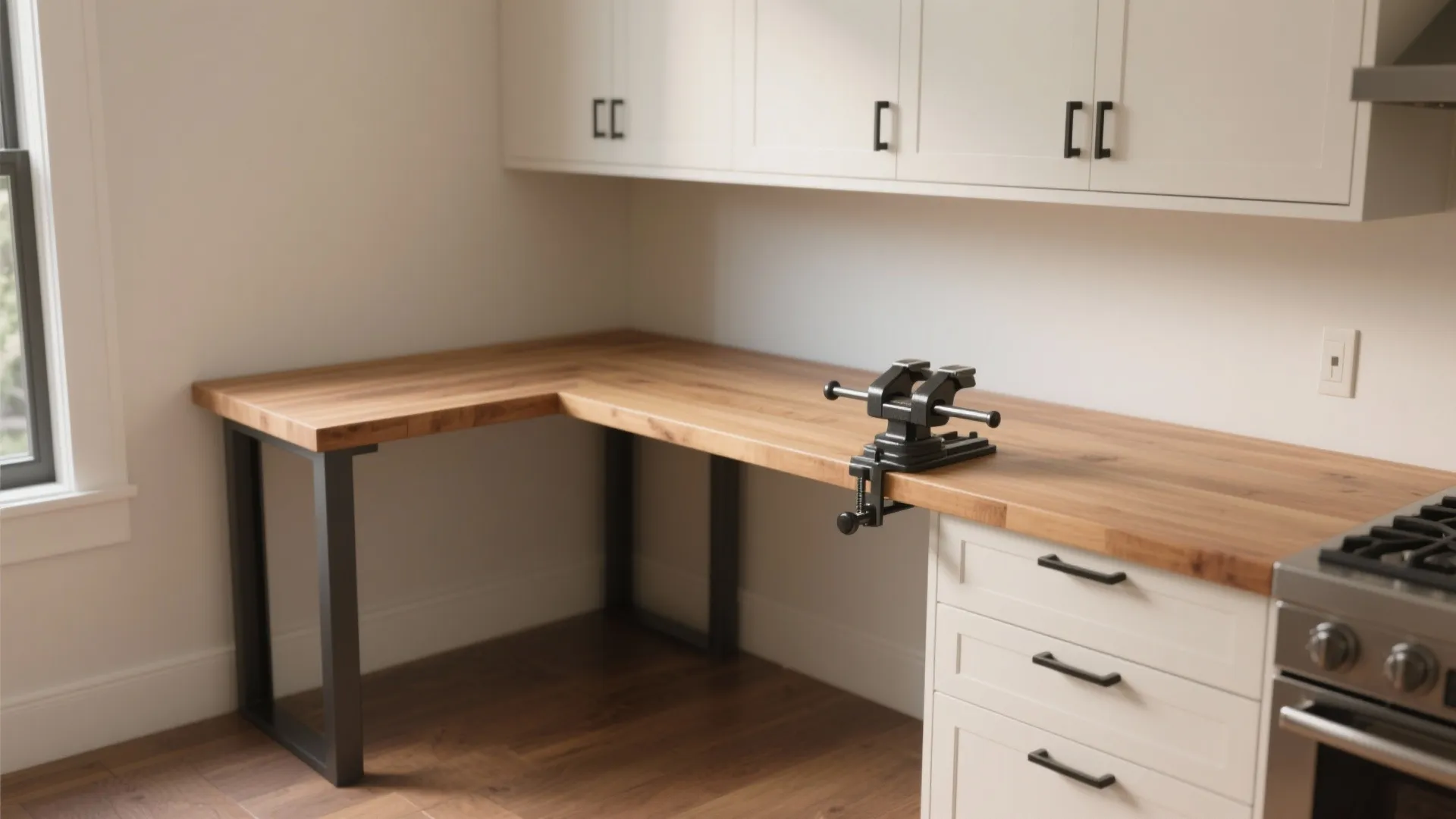L-shaped wooden corner workbench with a black vise attached featuring white cabinets and indoor lighting