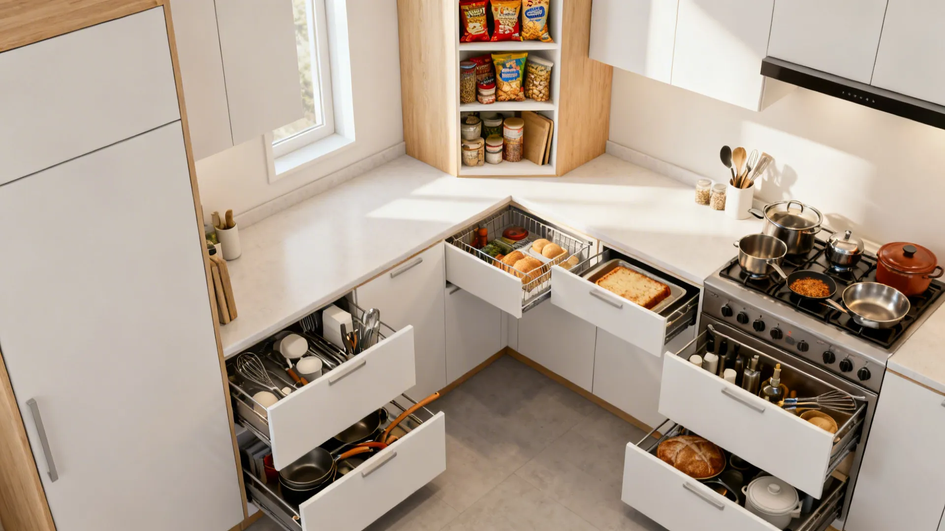 Top-down view of a small L-shaped kitchen showing storage zones around the corner for ergonomic reach.
