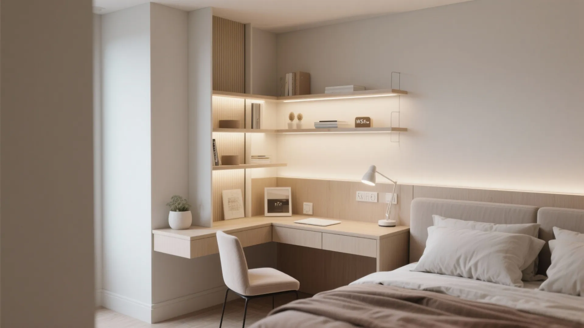Corner home office area in bedroom with wooden desk wall shelves white chair and light fixture