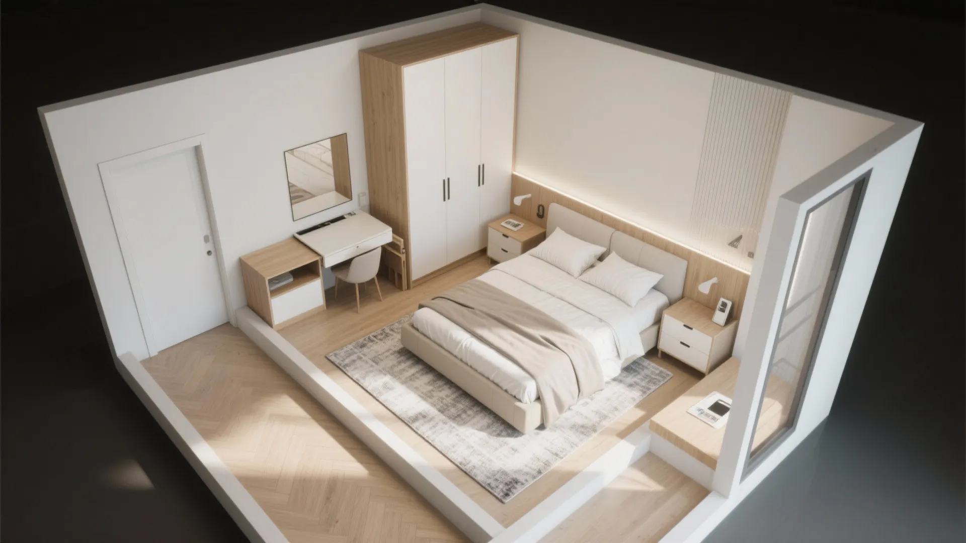 Interior design drawing showing small bedroom layout with white wardrobe desk chair and large bed