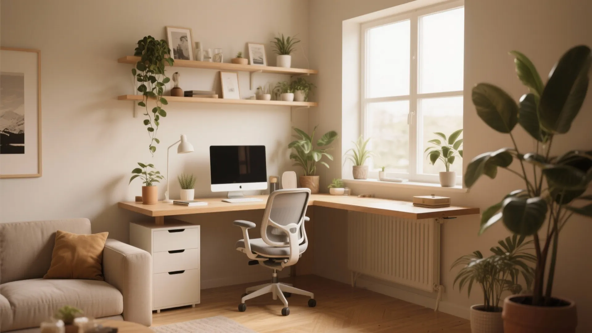 Corner home office with wooden desk white chair wall shelves green plants and natural window light