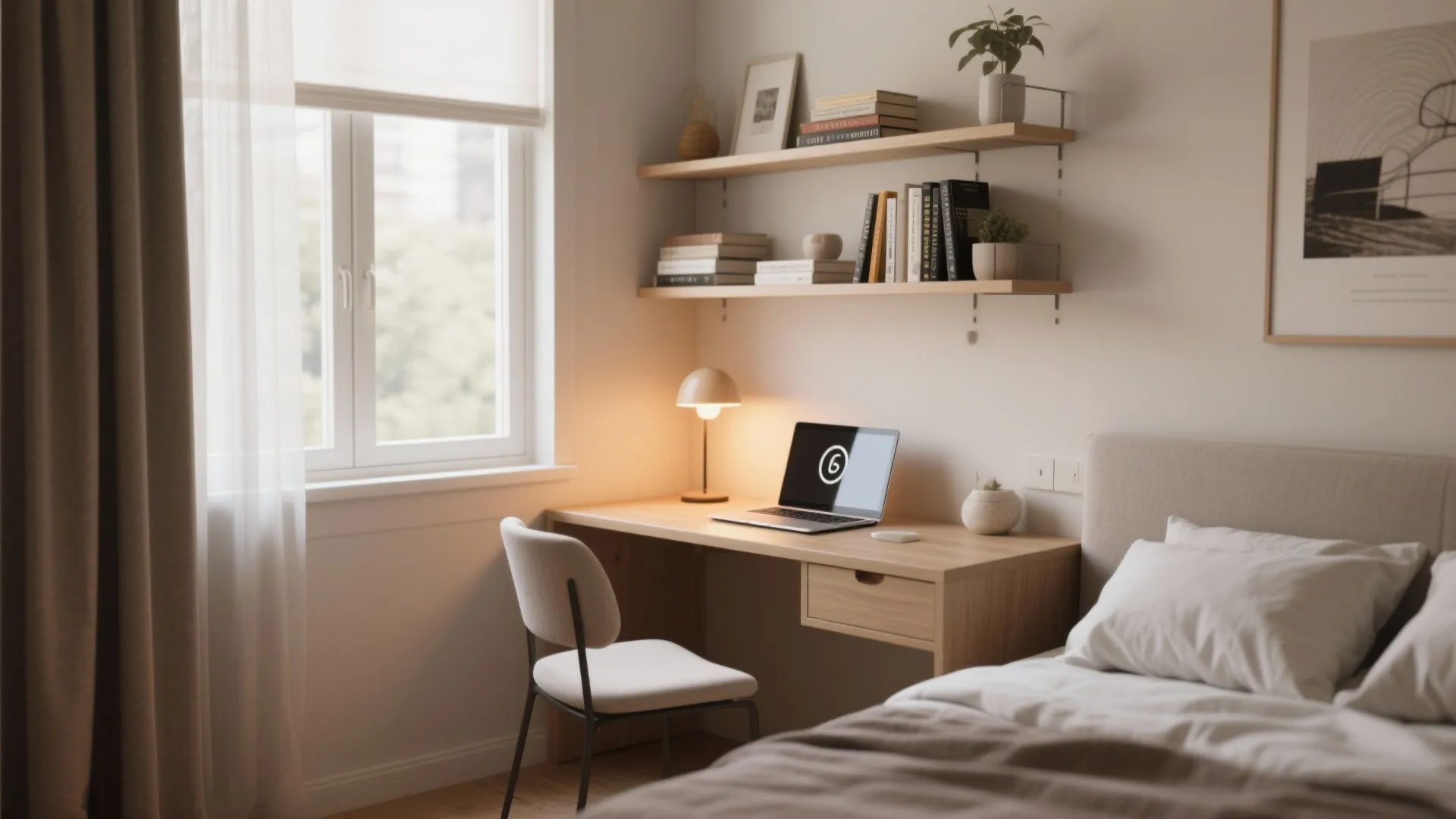 Compact bedroom corner workstation with floating shelves and warm lighting