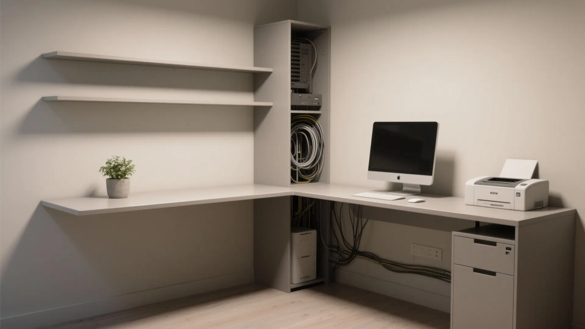 3. Narrow Corner Workstation with Floating Elements
