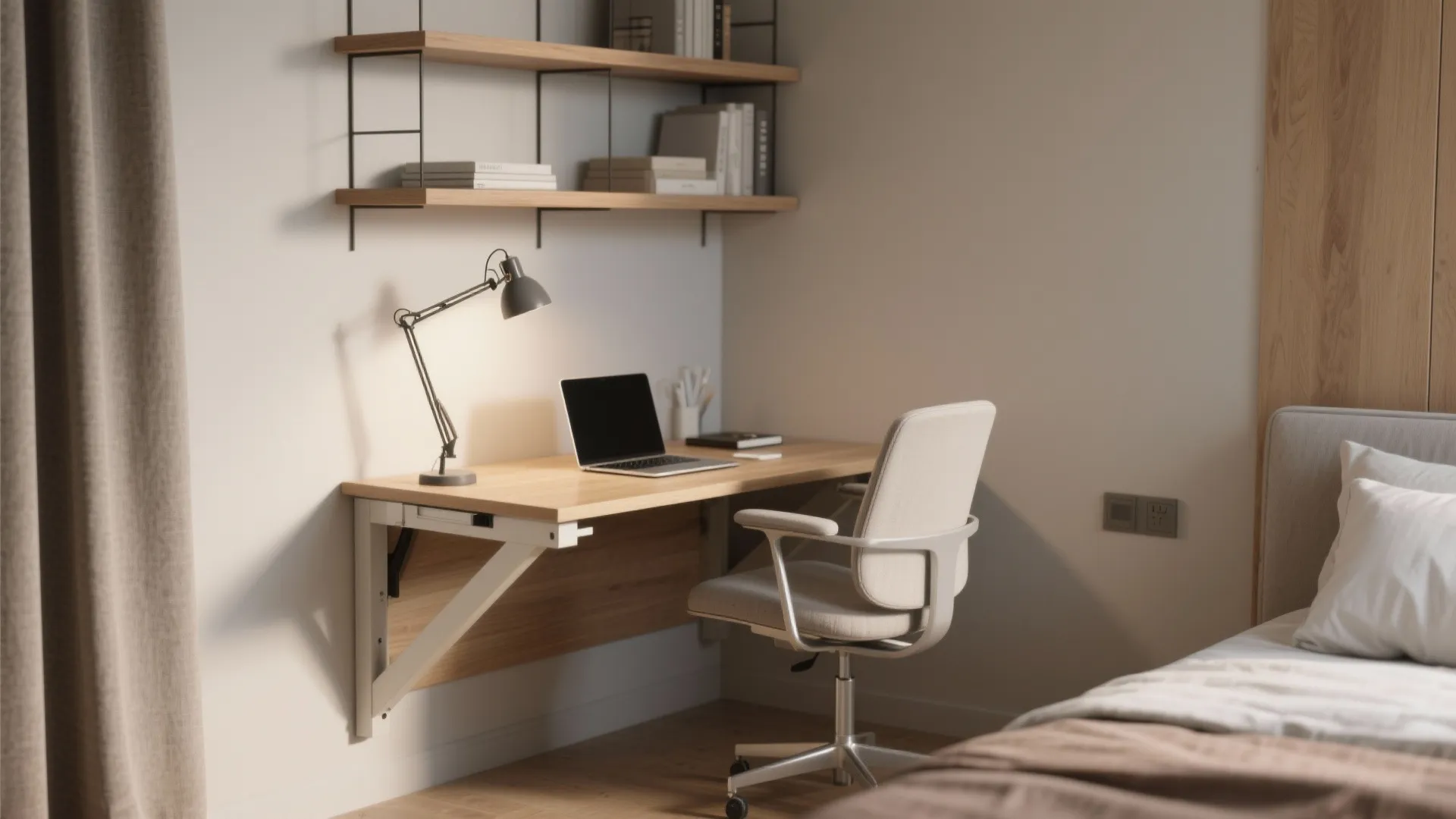 Modern wall mounted wooden desk with laptop chair light fixture shelving and bed in home office