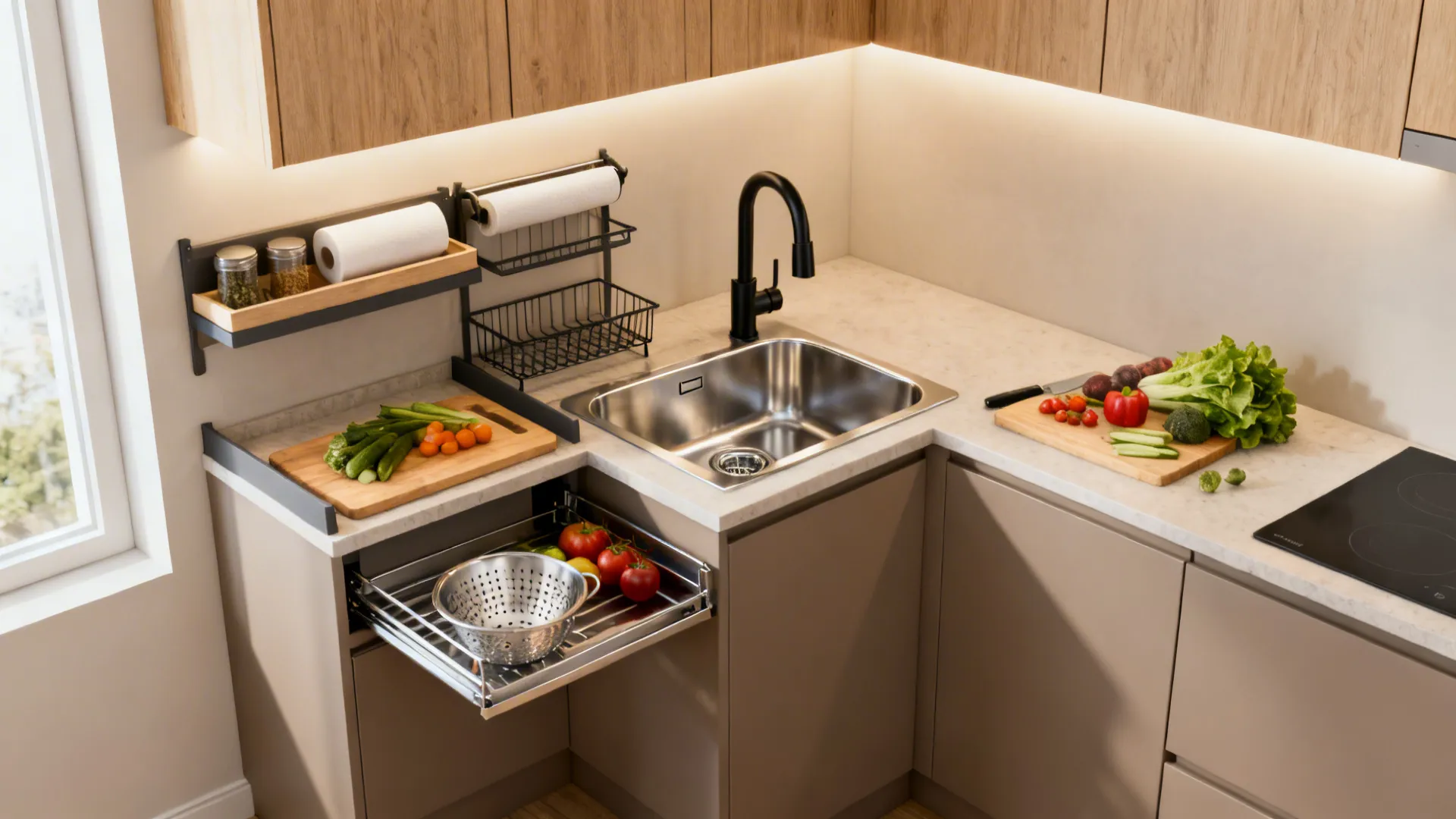 Modern kitchen corner with wooden cabinets, stainless steel sink, black faucet, and pull-out storage drawer