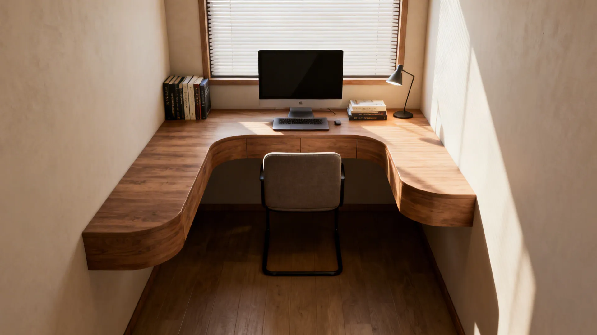 Wraparound corner desk with compact chair and tidy work zones in a small office