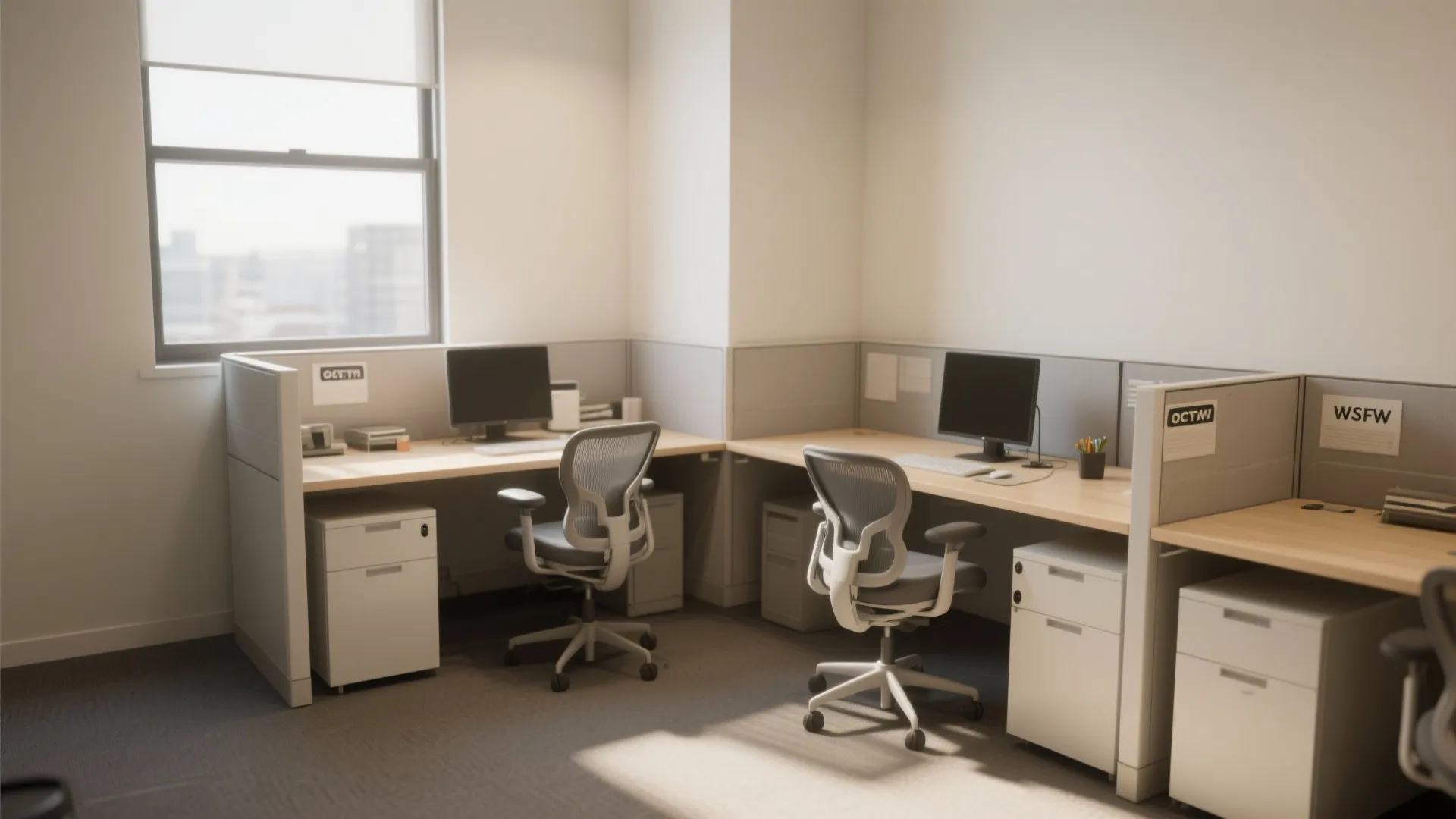 Office corner with two wood desks grey chairs white cabinets and large windows for light