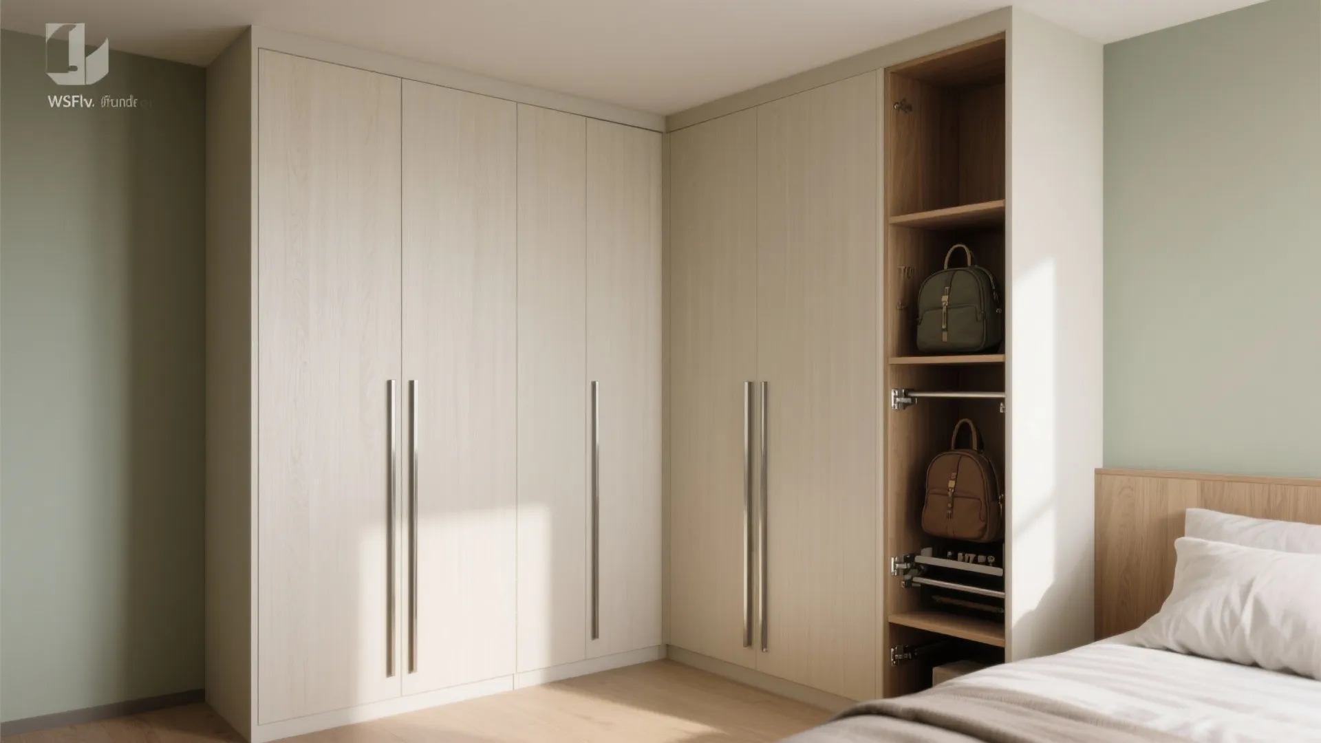 Modern light wood corner wardrobe with long metal handles and open shelves for bedroom storage
