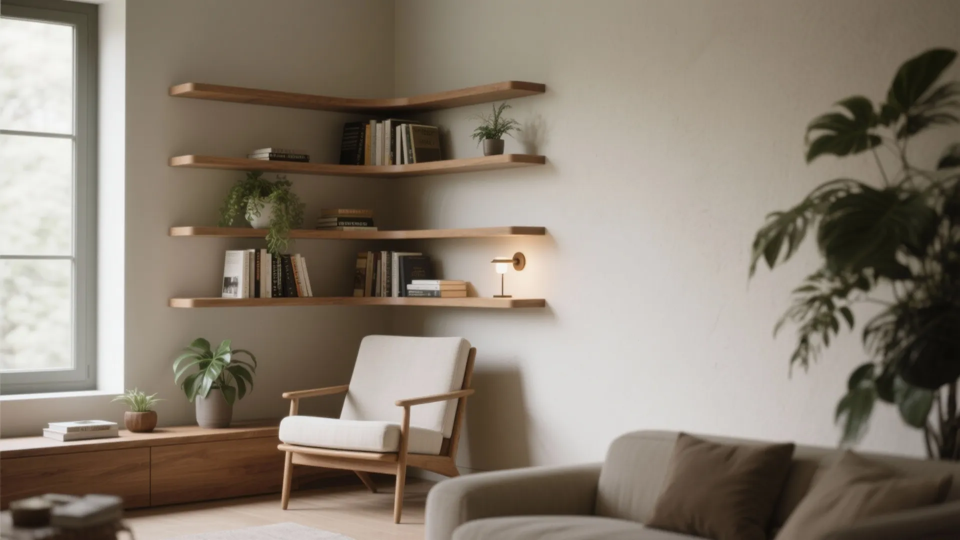 Wooden corner shelves with books and plants above a white chair in a cozy room