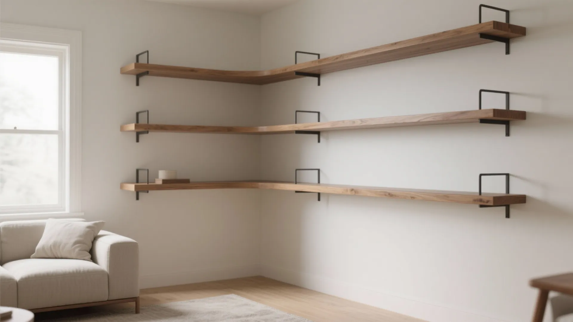 Empty wooden corner shelves mounted on white walls next to a window and beige sofa