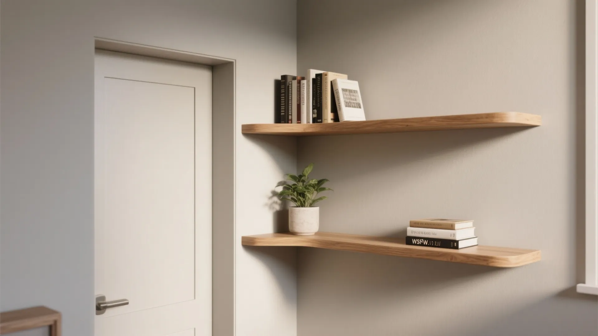Two wooden floating corner shelves holding books and one small green plant near white door