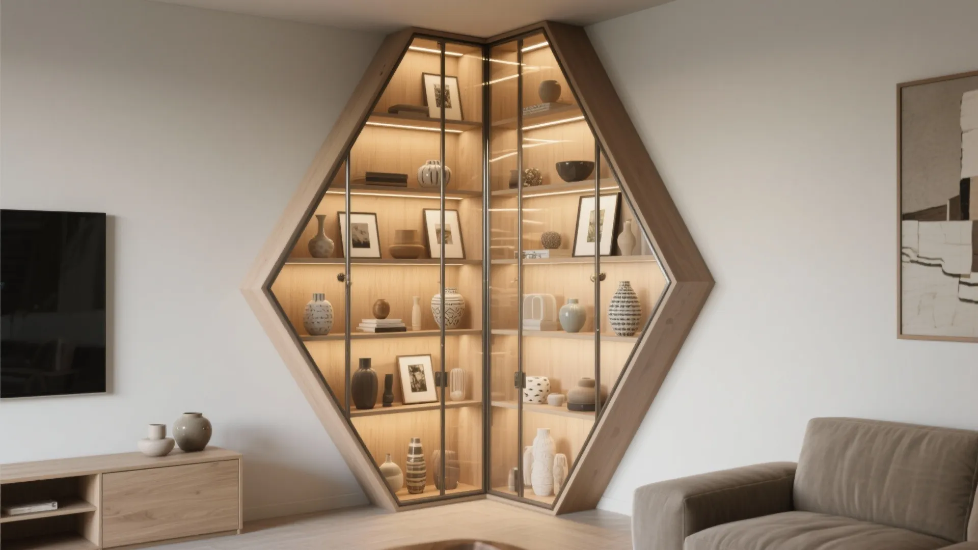 Geometric wooden corner cabinet with glass shelves and warm light displaying various vases and pictures