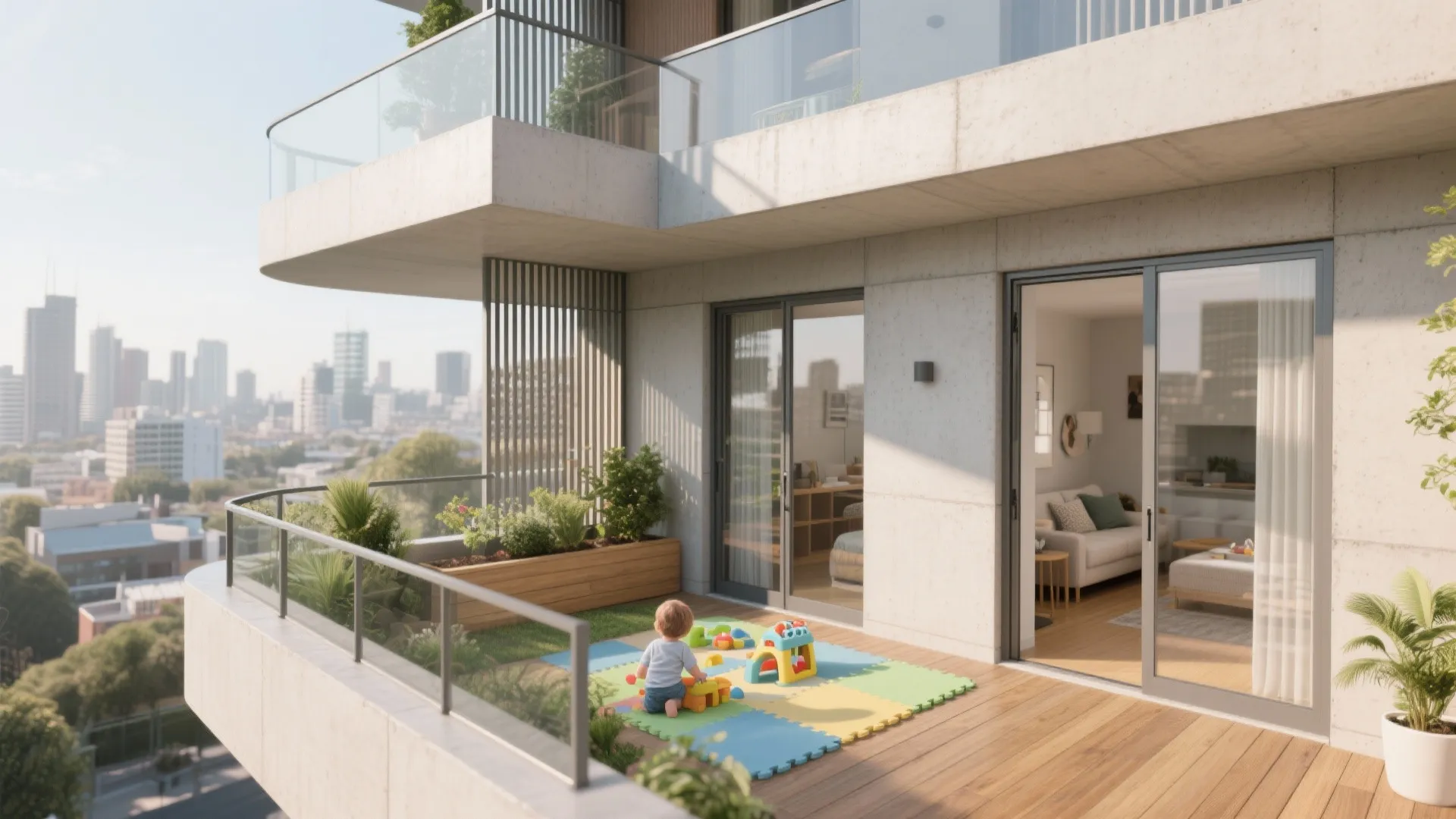Corner wraparound balcony with two sliding doors, play mat, planters, and curved soffit capturing two views.