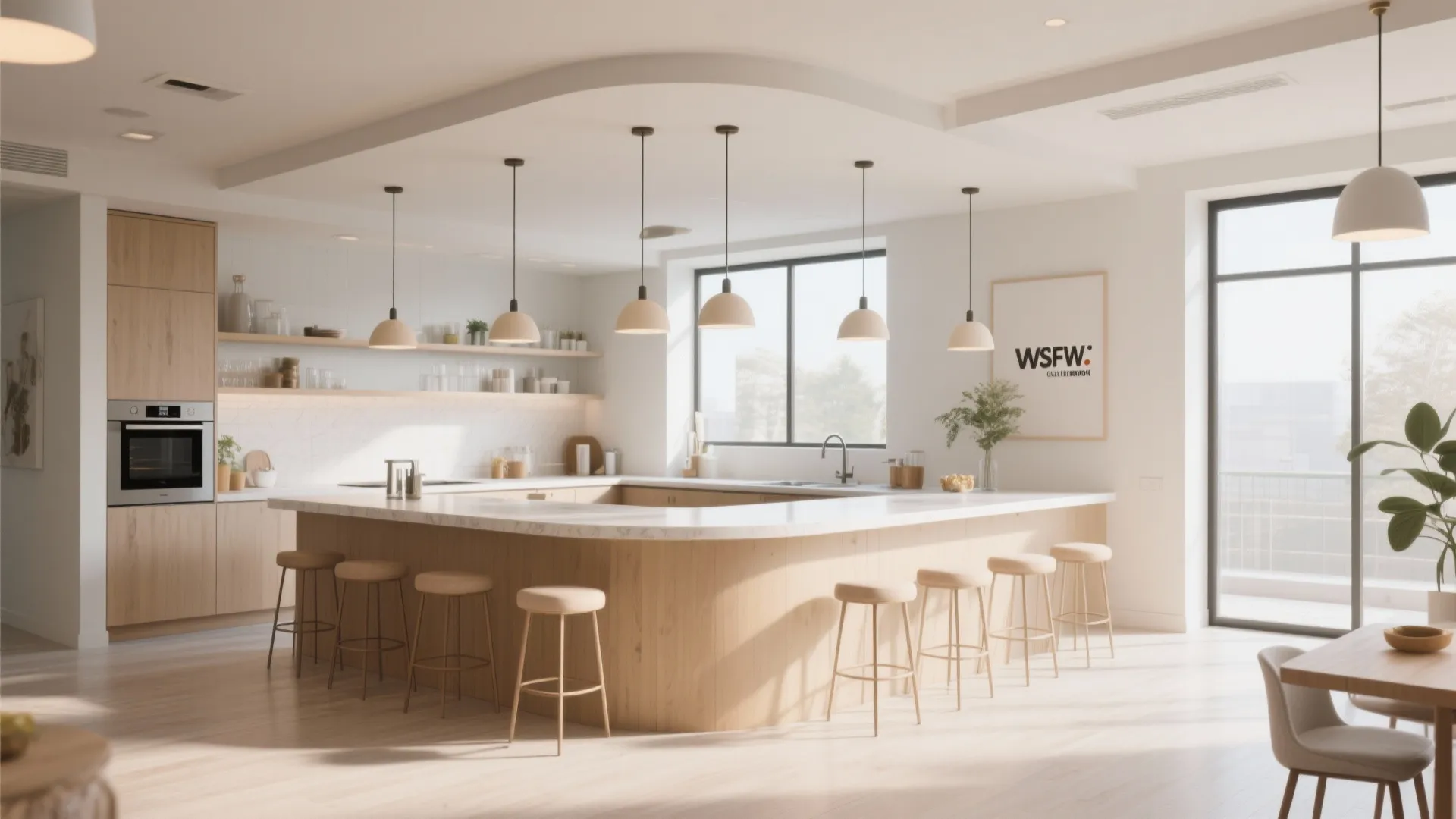 Large u shaped kitchen island with wooden base white counter top several stools and hanging lights