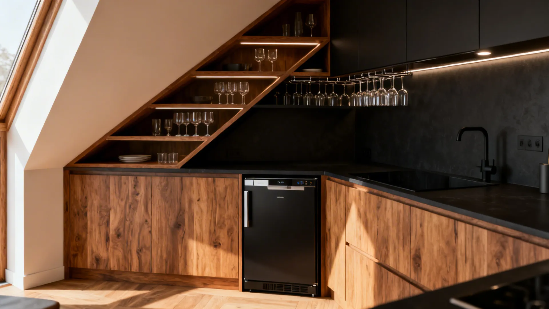 Corner wrap-around bar with triangular shelves, hidden glass holders and small under-counter fridge.