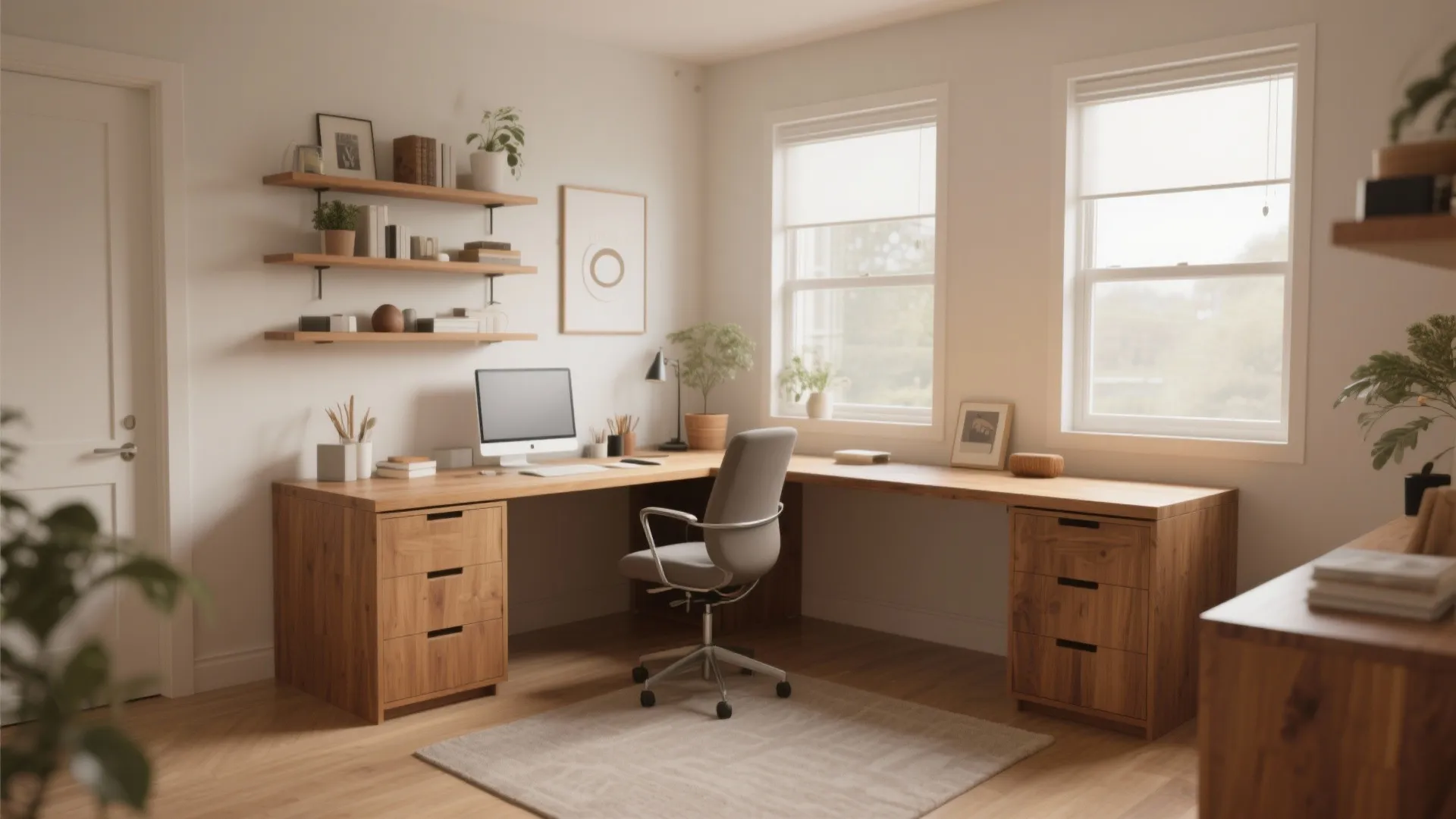 Large L-shaped wooden corner desk with a computer chair wall shelves and two bright windows