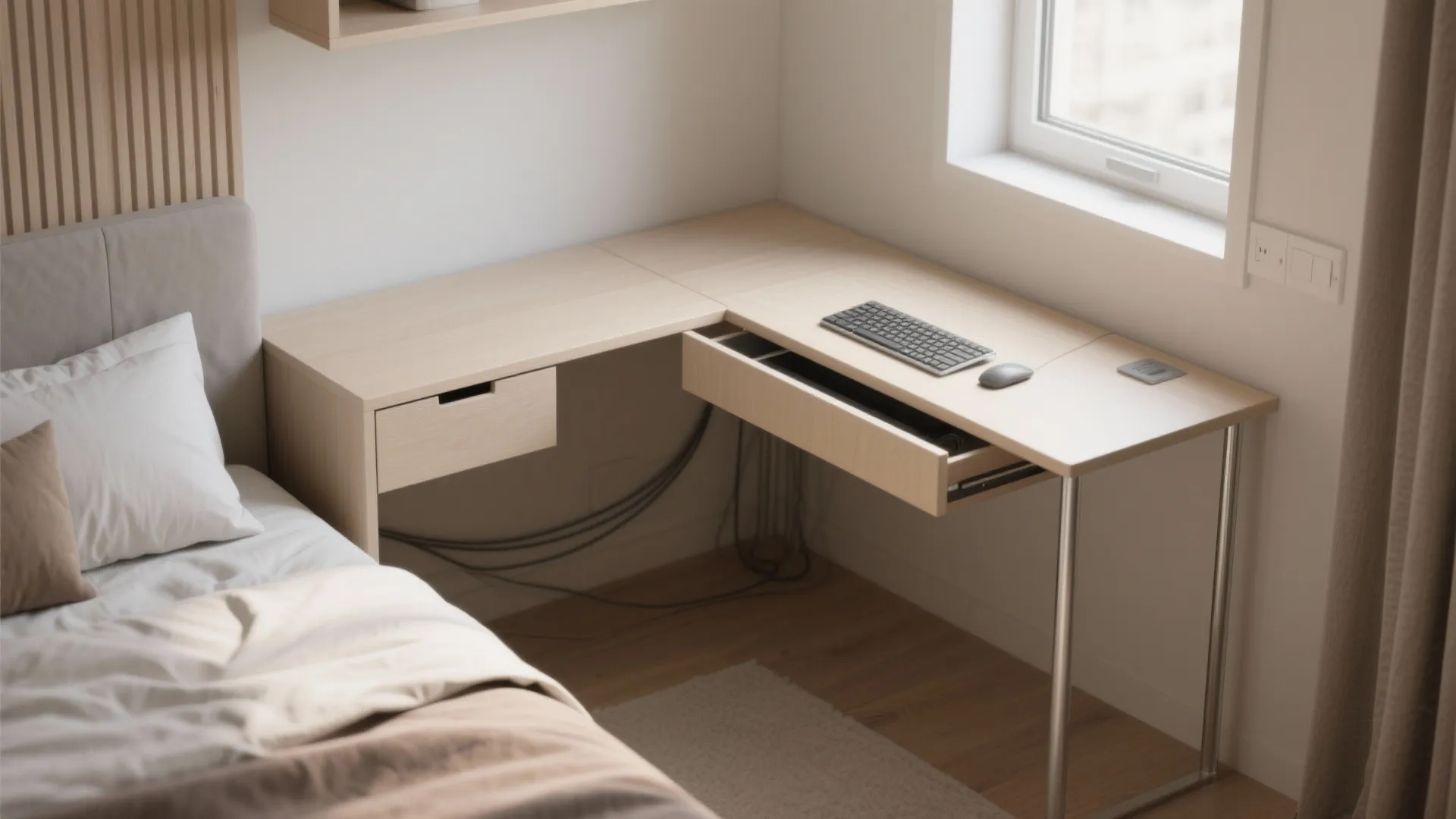 Small wood corner desk with open drawer and keyboard placed next to a grey bed